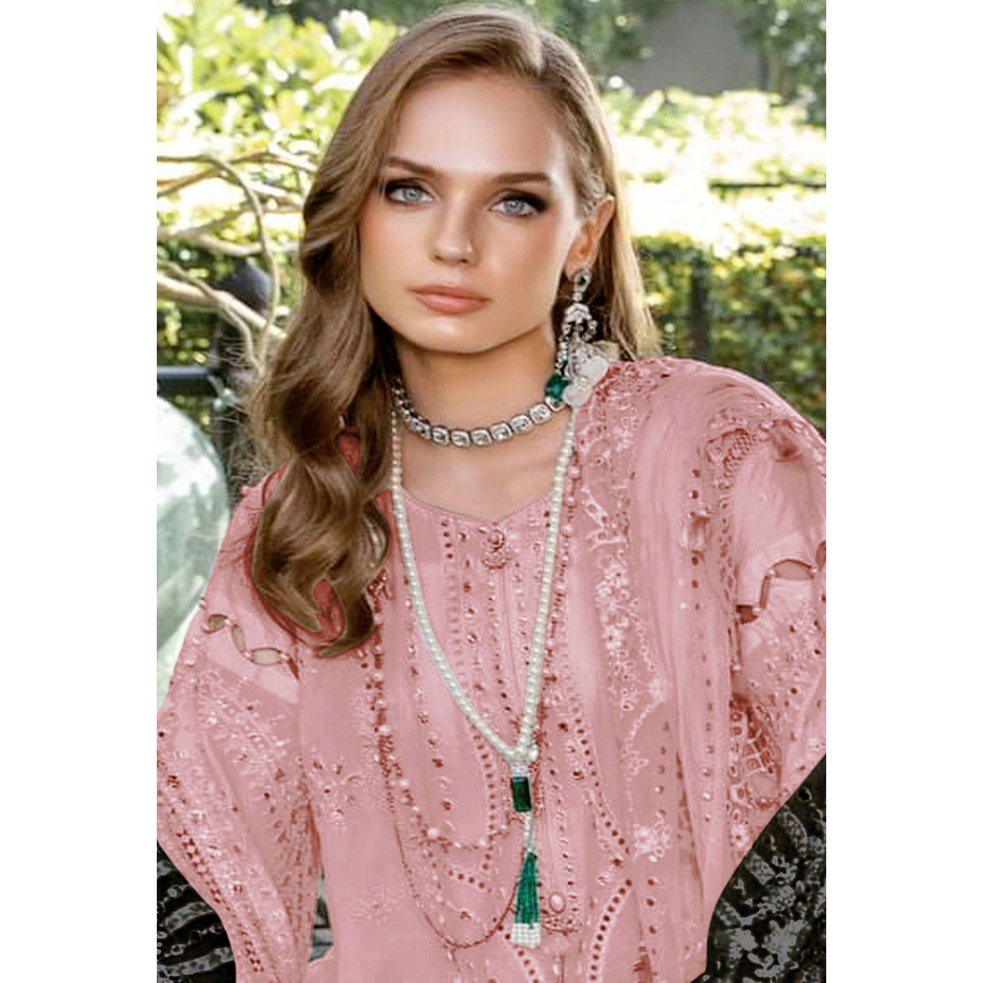 Pink Floral Embroidered Georgette Semi Stitched Pakistani Suit