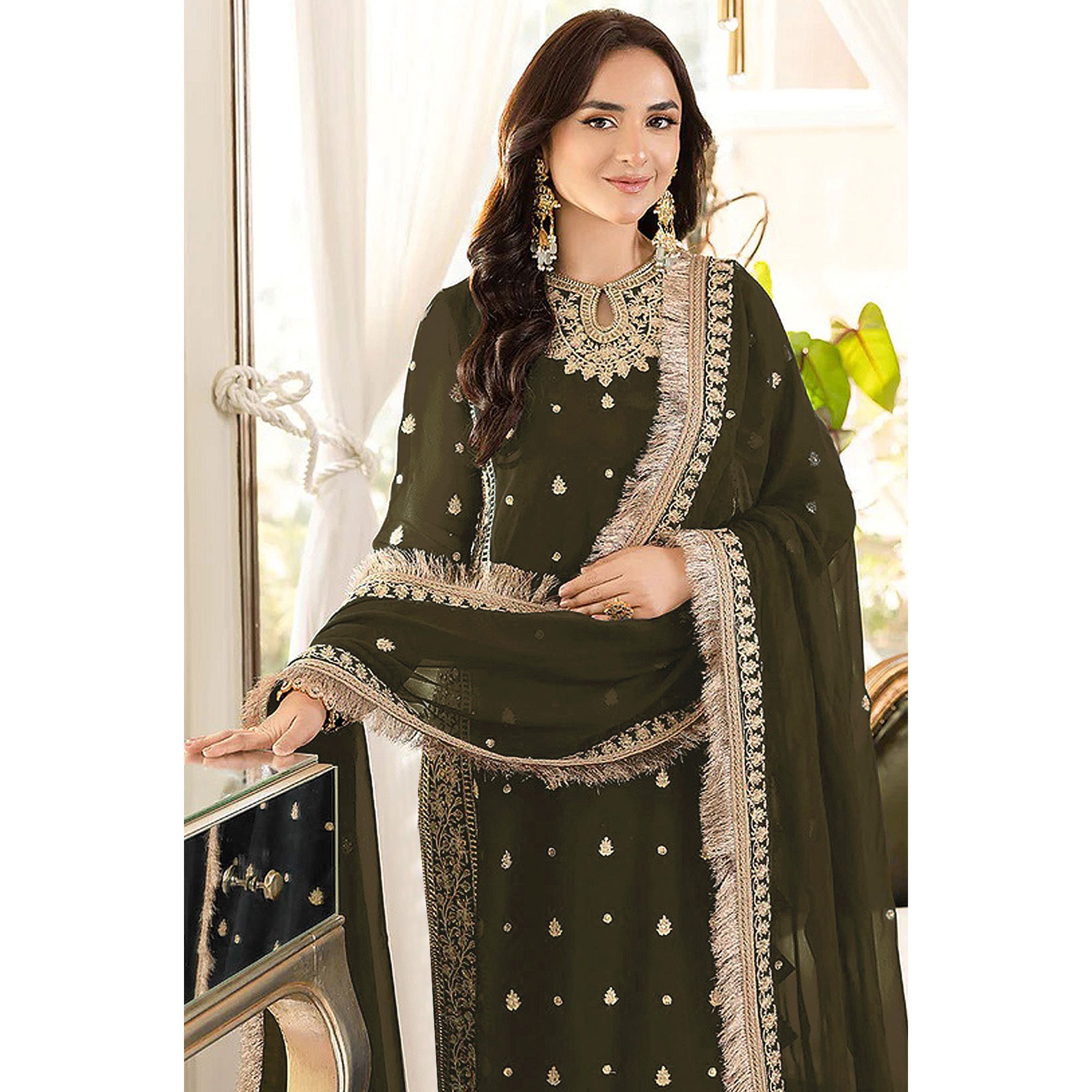 Mehendi Green Floral Embroidered Georgette Semi Stitched Pakistani Suit