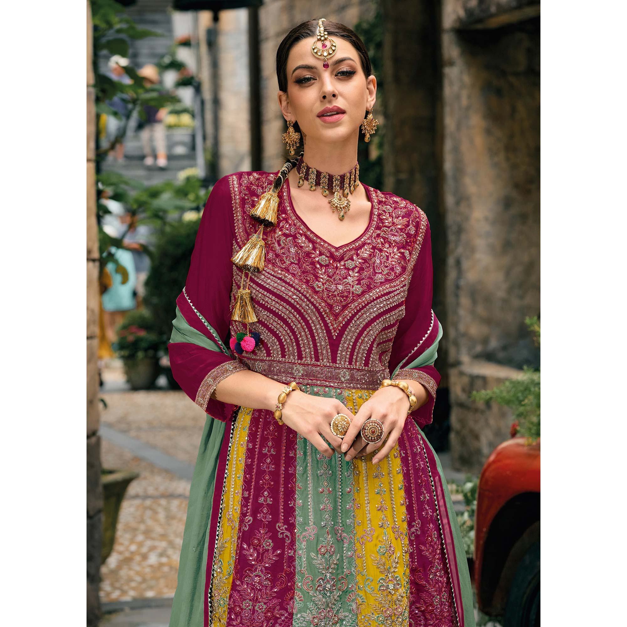 Pink Embroidered Chinon Semi Stitched Sharara Suit