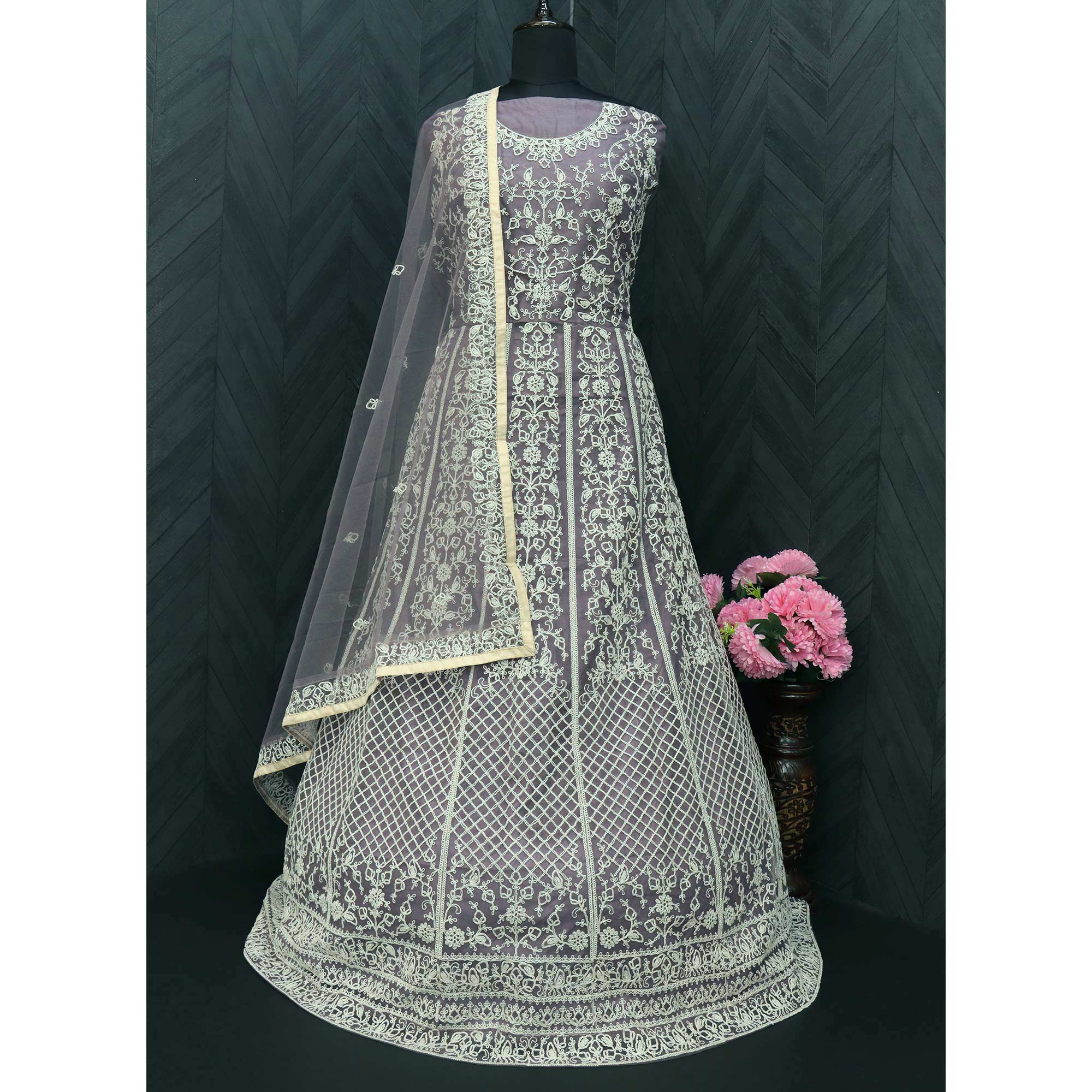 Purple Floral Embroidered Net Semi Stitched Anarkali Suit