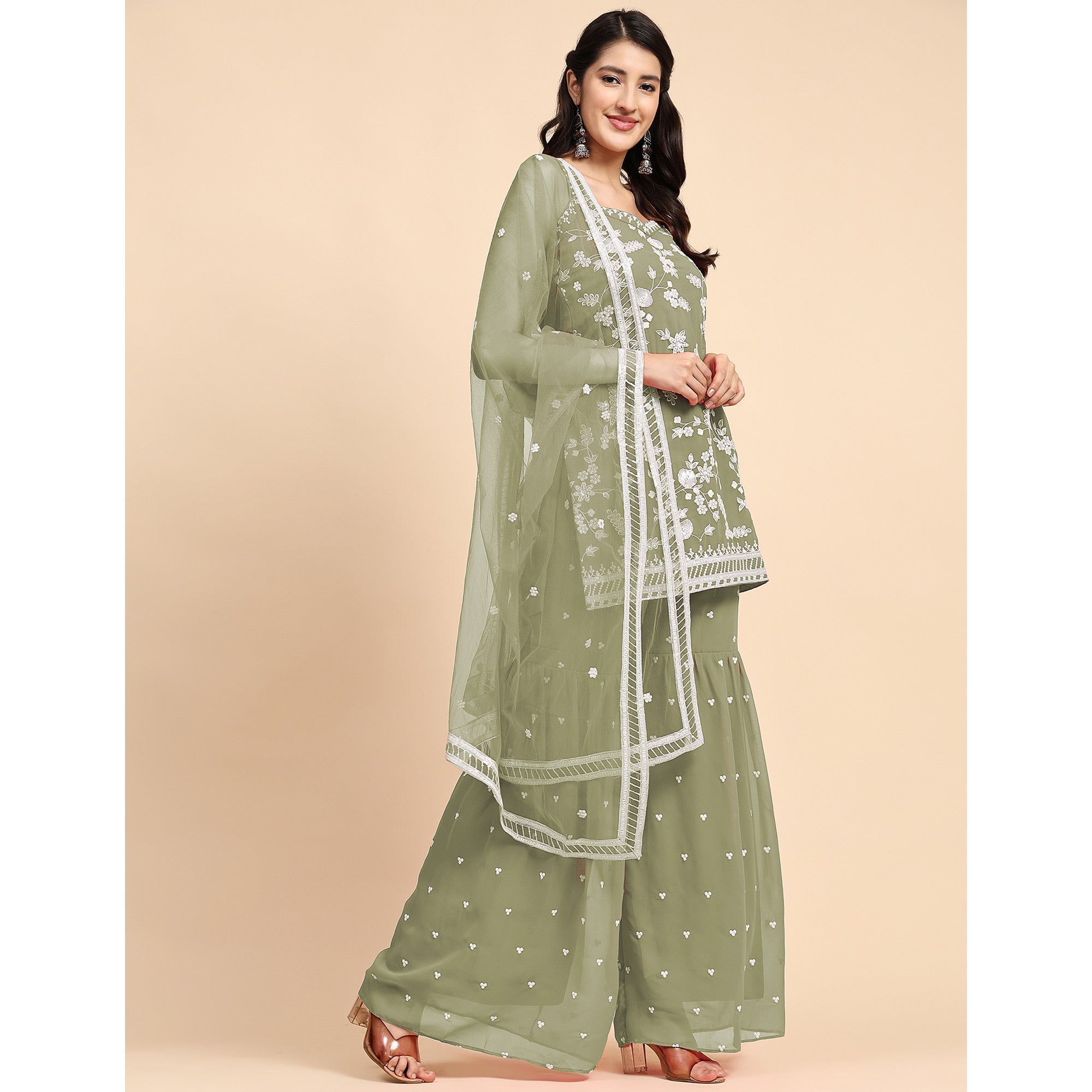 Green Floral Sequins Embroidered Georgette Semi Stitched Suit