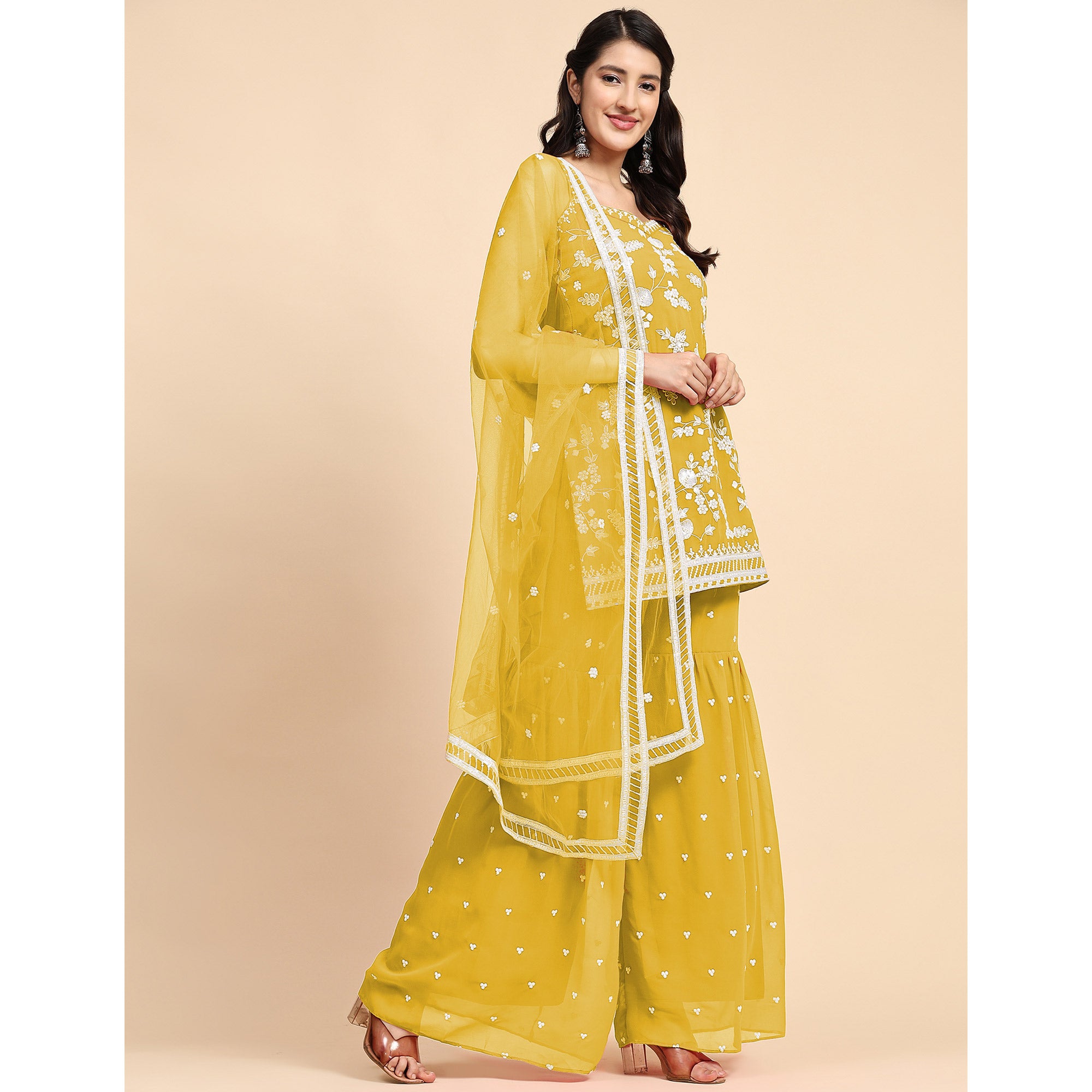 Yellow Floral Sequins Embroidered Georgette Semi Stitched Suit