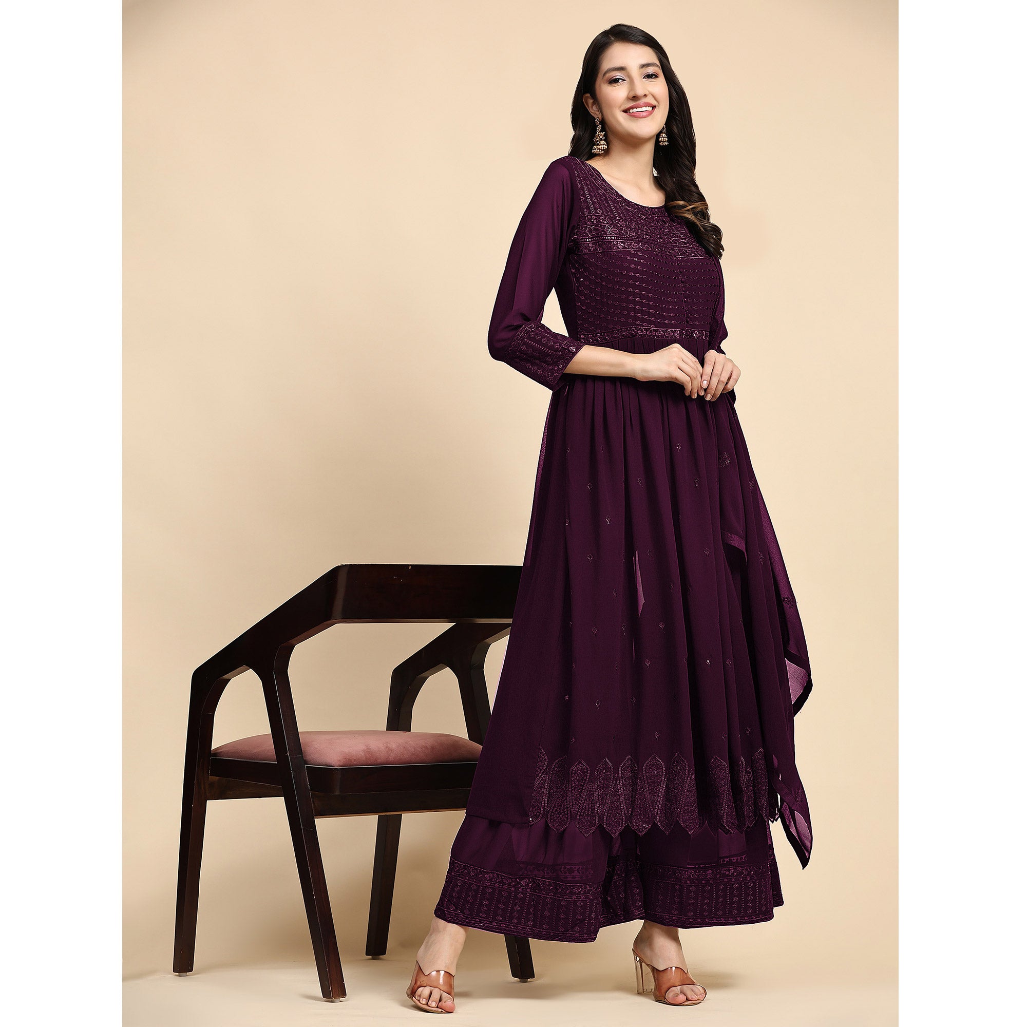 Wine Sequins Embroidered Georgette Semi Stitched Suit