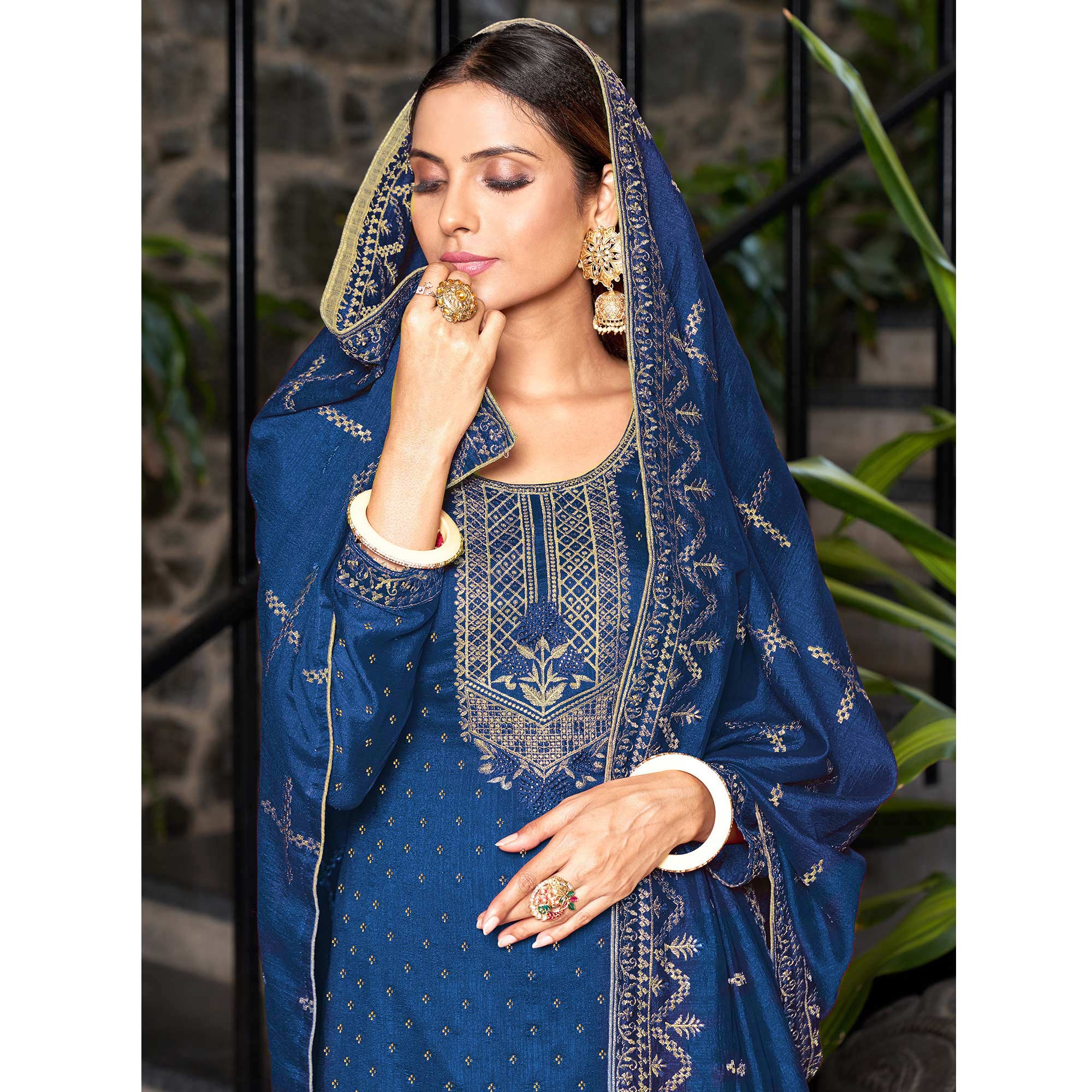 Blue Embroidered Vichitra Silk Semi Stitched Salwar Suit