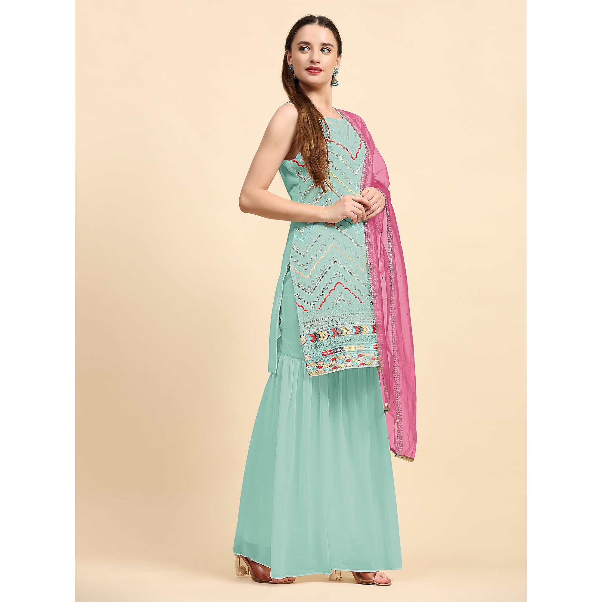 Blue Sequins Embroidered Georgette Semi Stitched Suit
