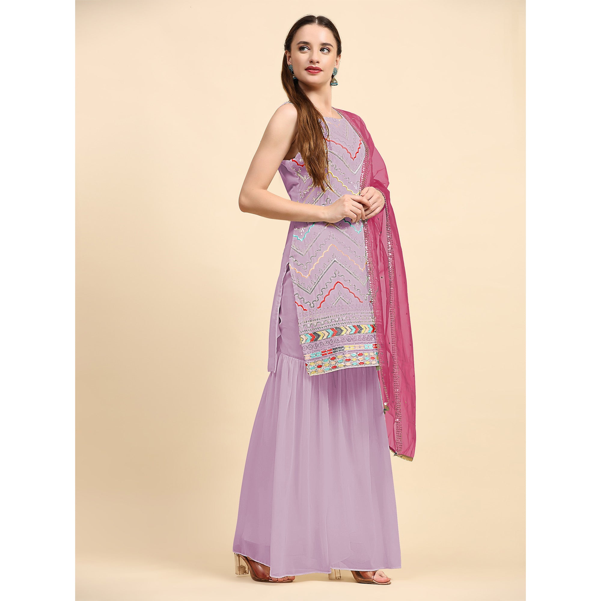 Purple Sequins Embroidered Georgette Semi Stitched Suit