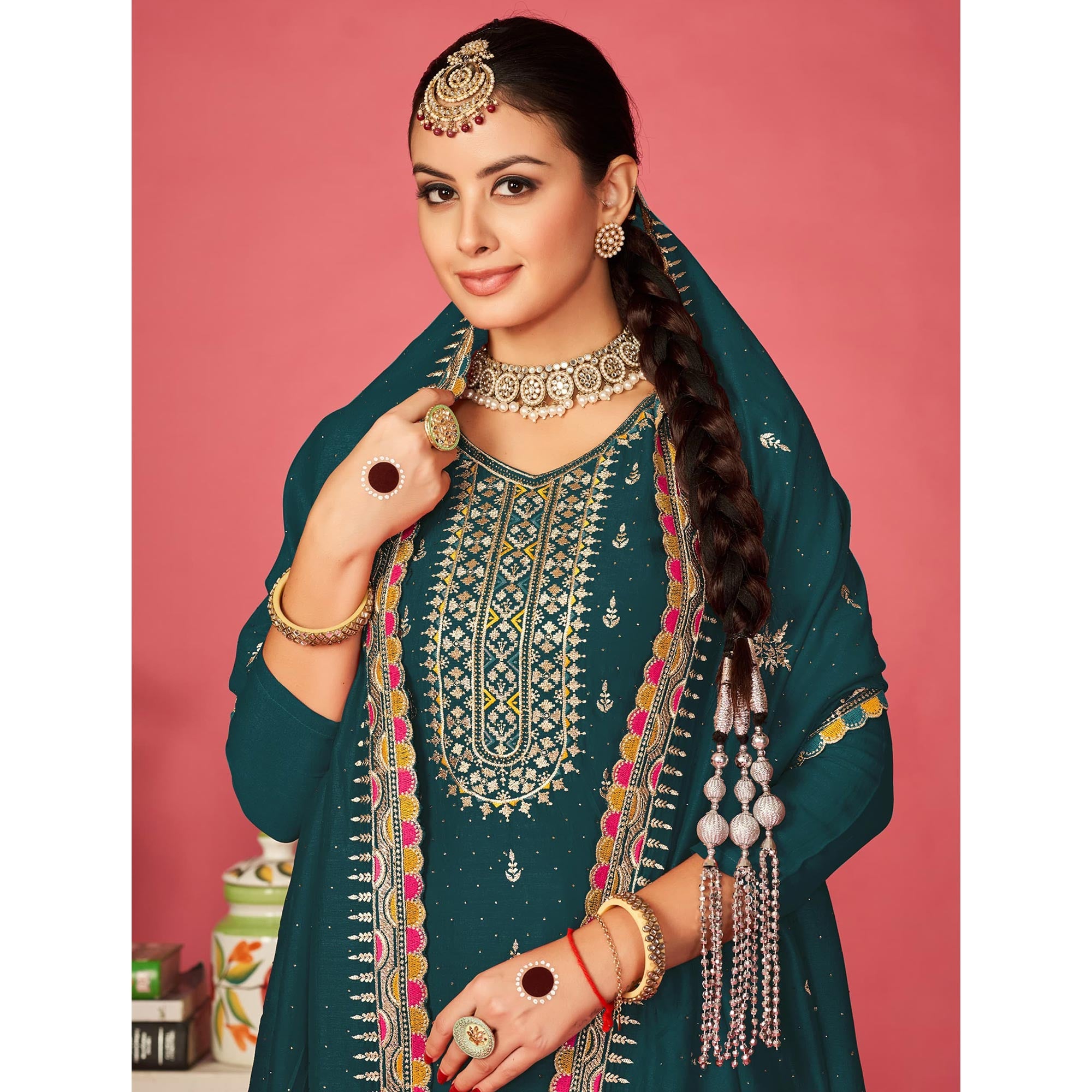 Teal Embroidered With Swarovski Vichitra Silk Semi Stitched Suit