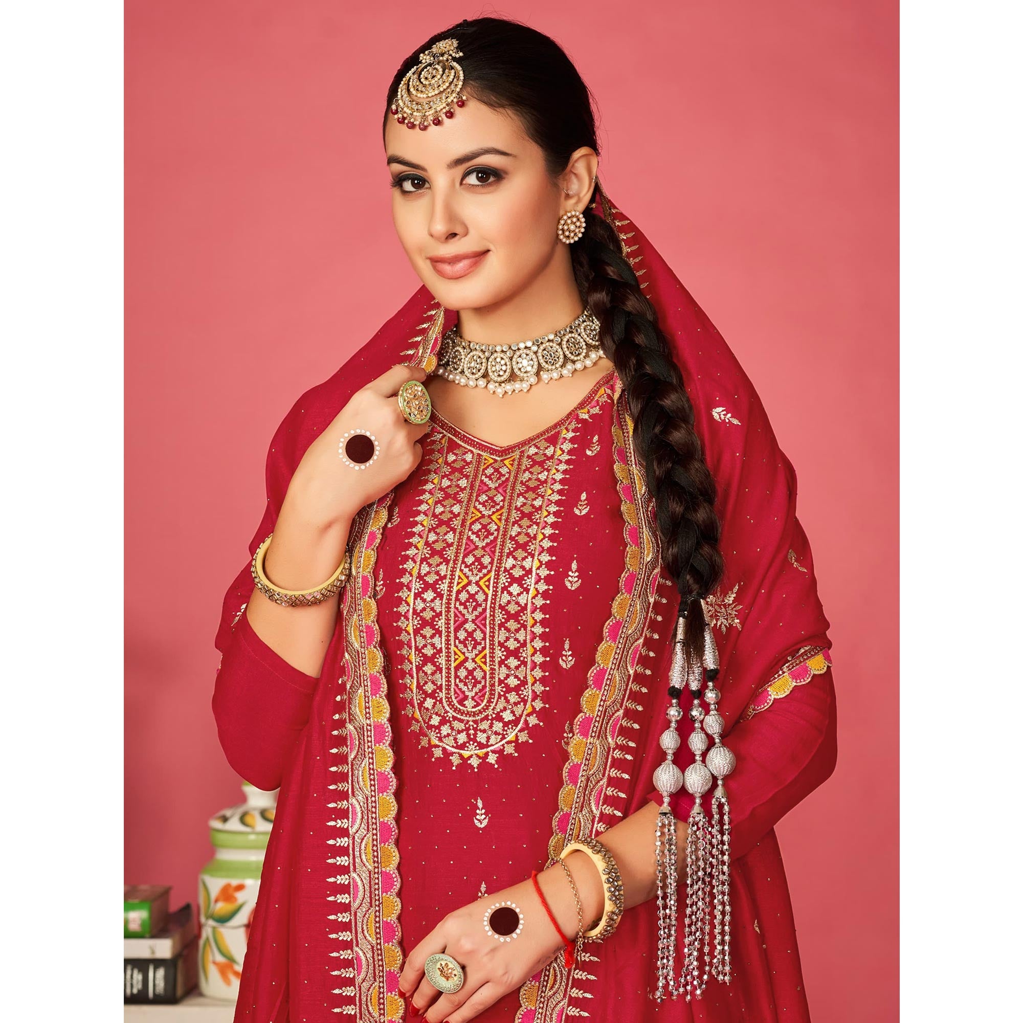 Red Embroidered With Swarovski Vichitra Silk Semi Stitched Suit