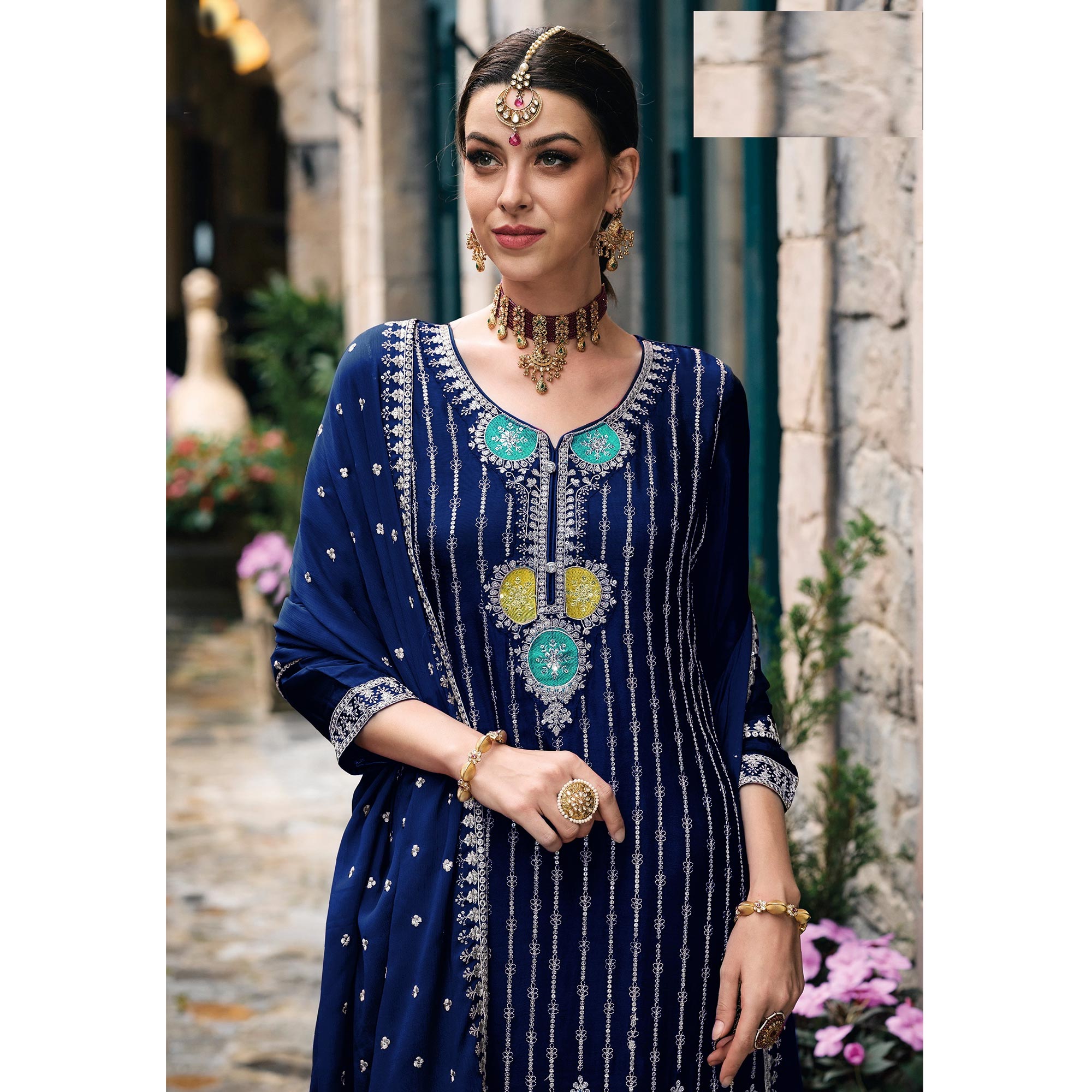 Blue Floral Embroidered Chinon Semi Stitched Suit