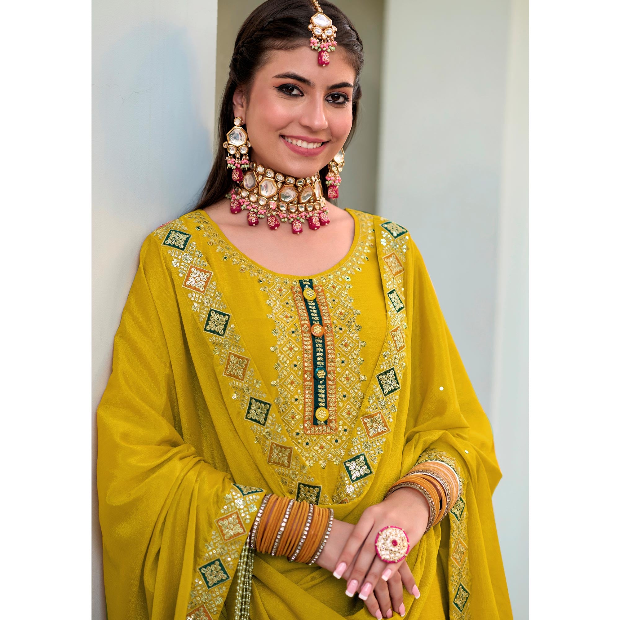Yellow Embroidered Georgette Semi Stitched Palazzo Suit