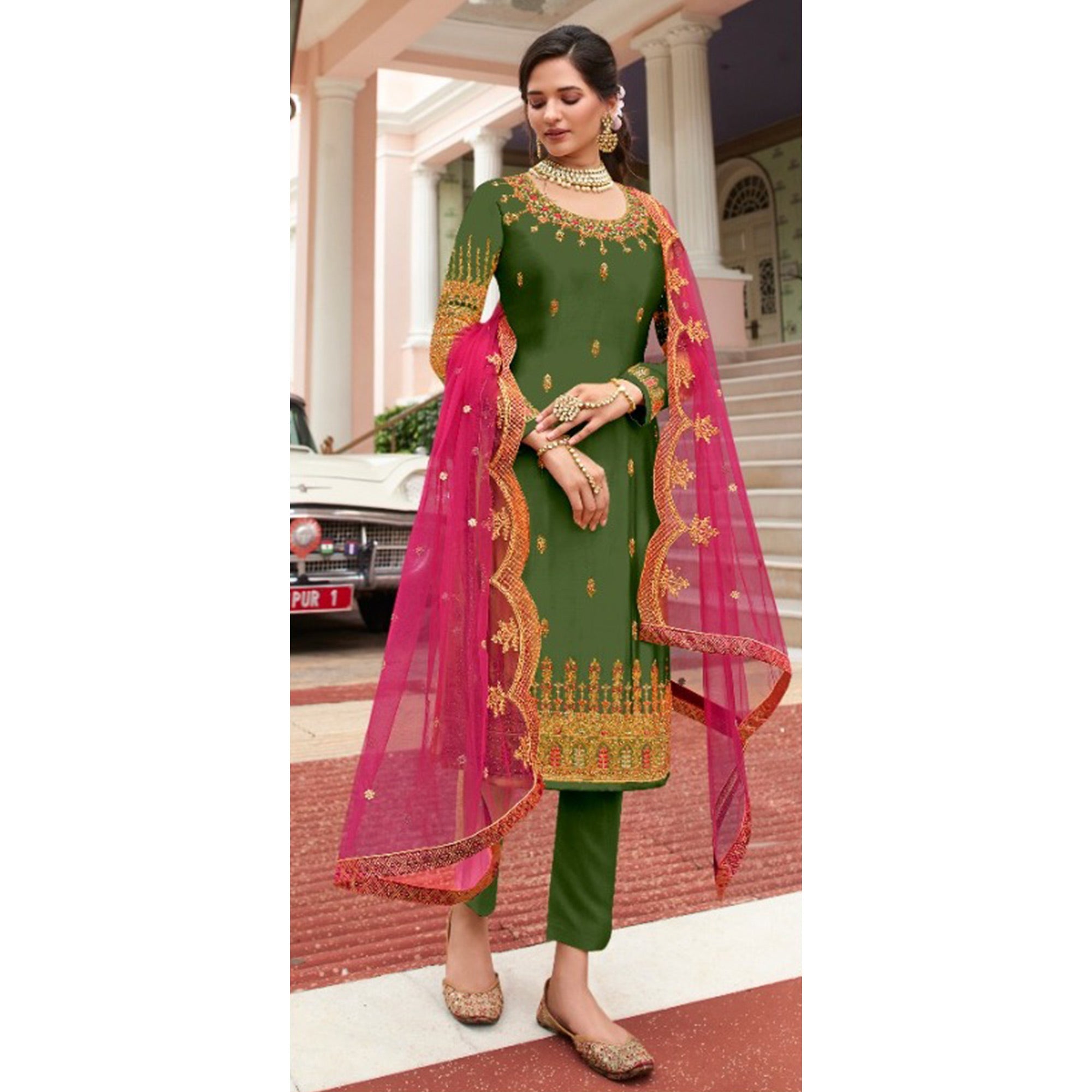 Green Embroidered Georgette Lehenga Kameez And Suit