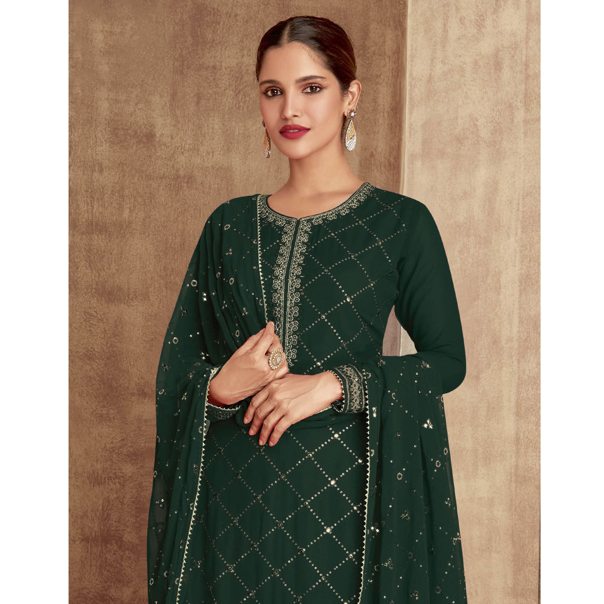 Green Sequins Embroidered Georgette Semi Stitched Palazzo Suit