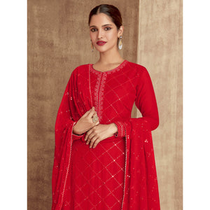 Red Sequins Embroidered Georgette Semi Stitched Palazzo Suit