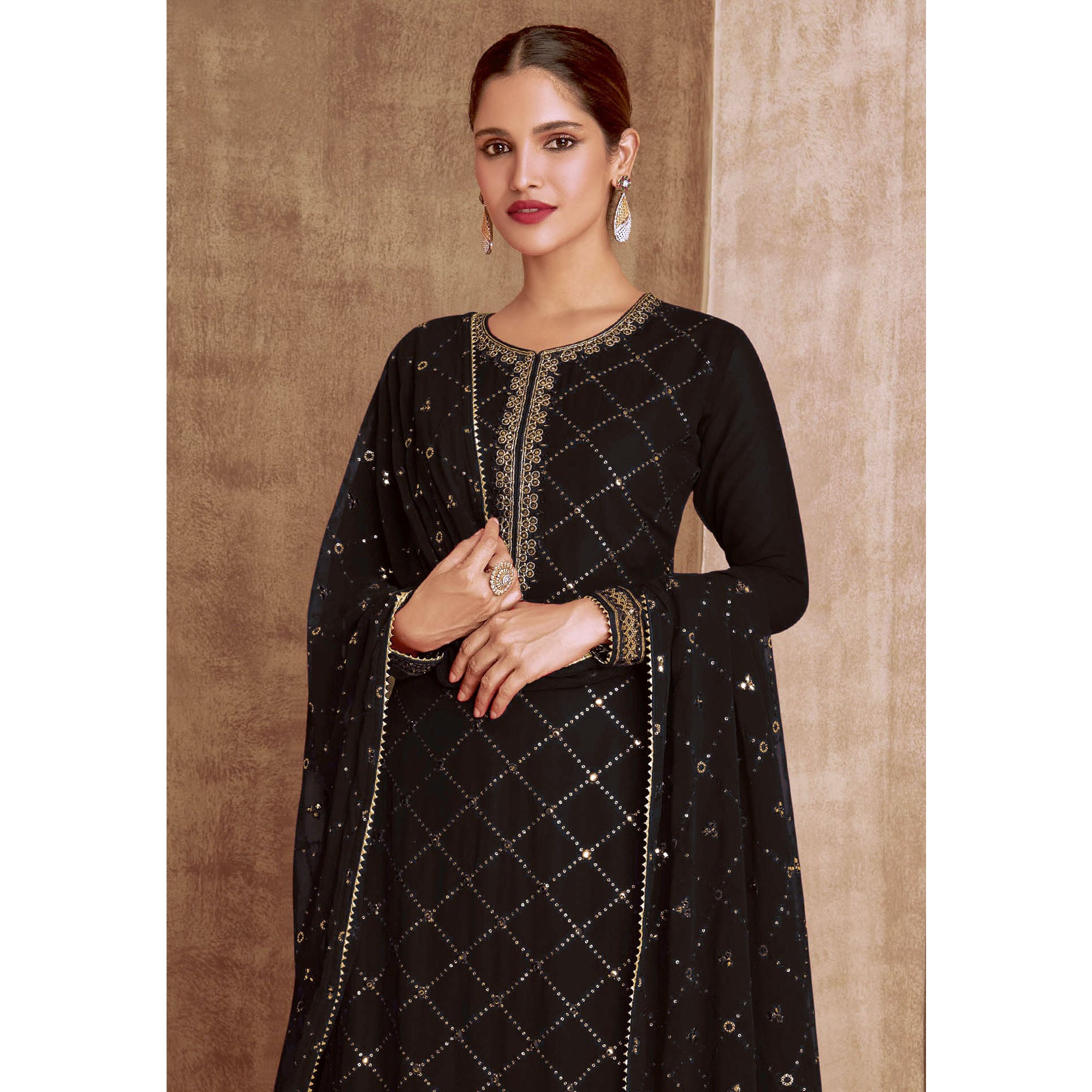 Black Sequins Embroidered Georgette Semi Stitched Palazzo Suit