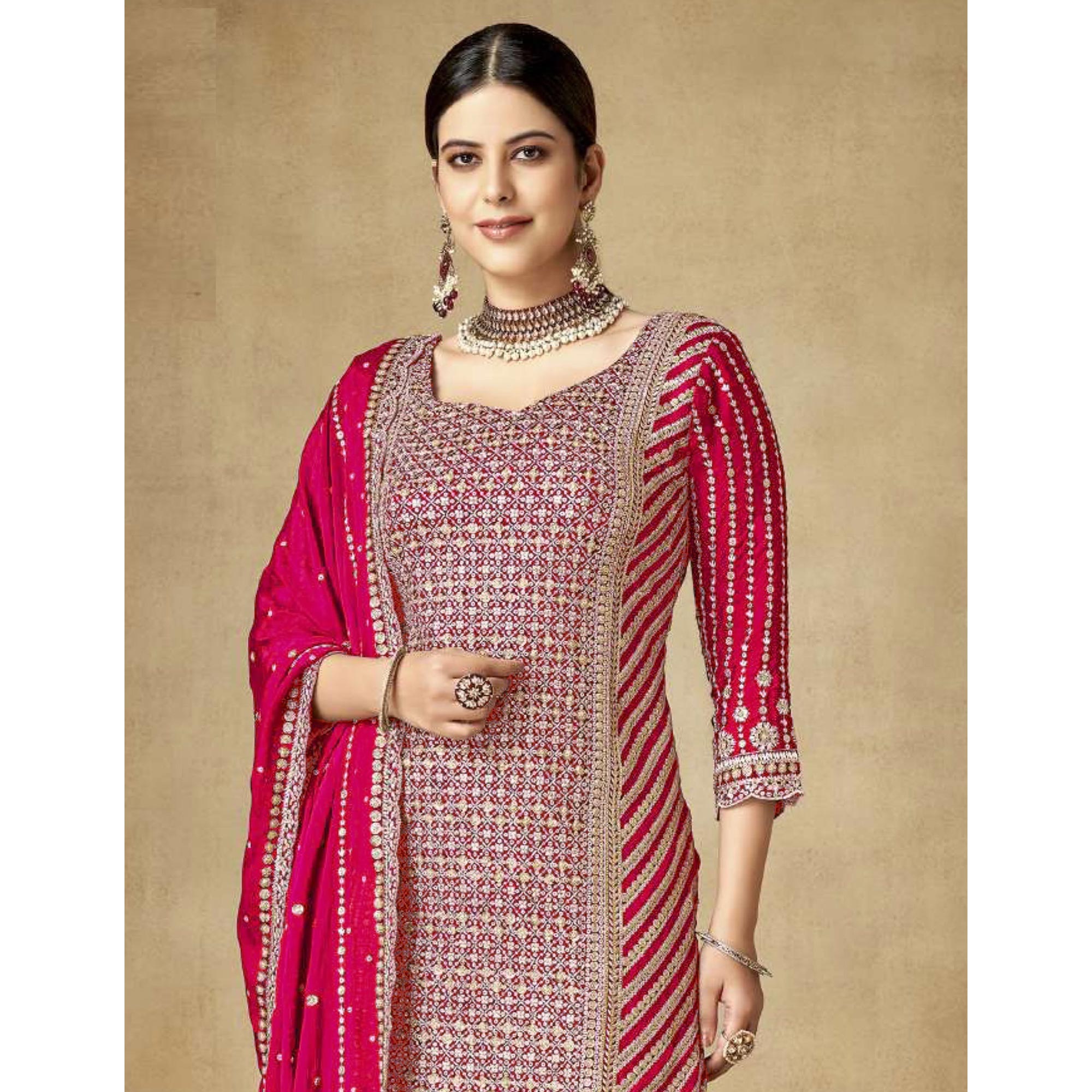 Pink Sequins Embroidered Chinon Semi Stitched Sharara Suit