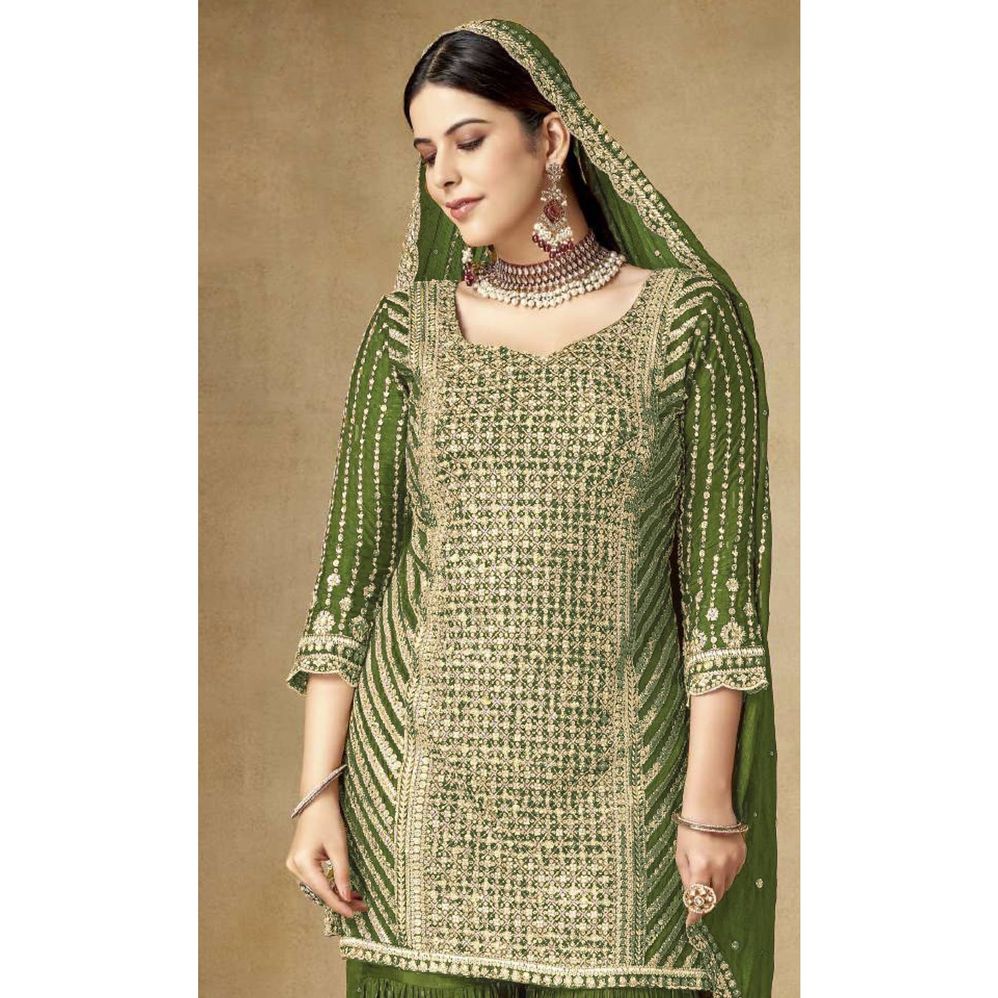 Green Sequins Embroidered Chinon Semi Stitched Sharara Suit