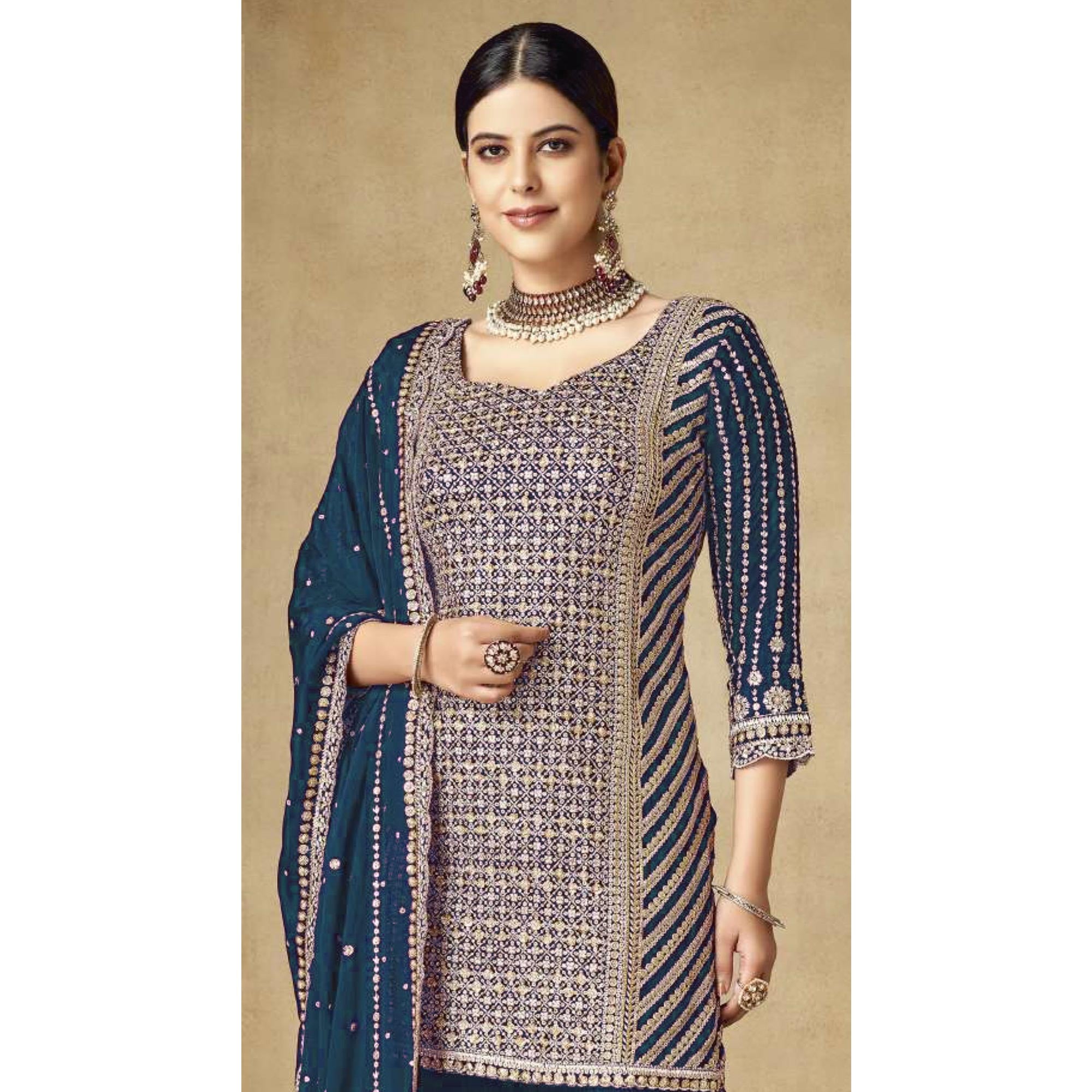 Blue Sequins Embroidered Chinon Semi Stitched Sharara Suit