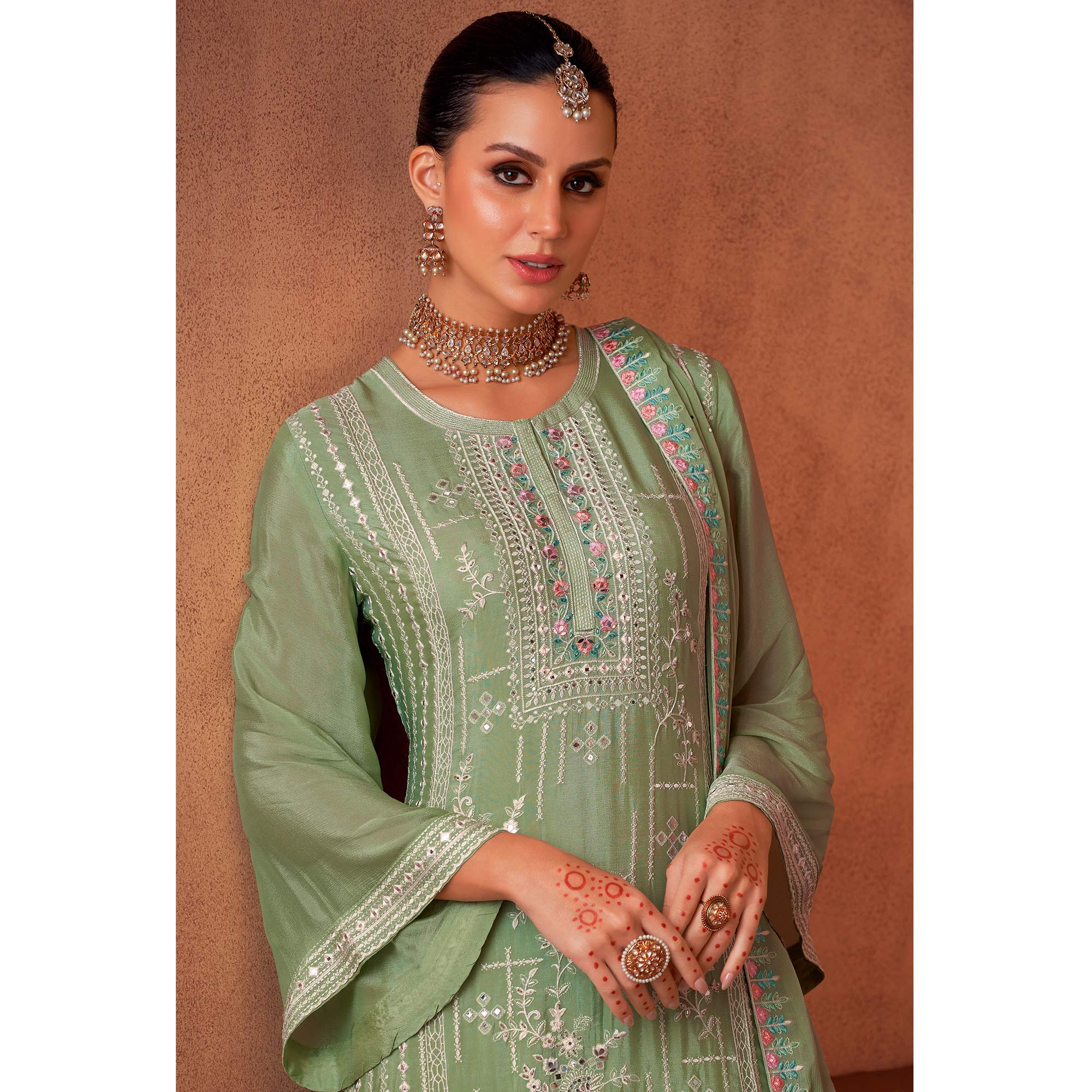 Green Floral Sequins Embroidered Georgette Semi Stitched Palazzo Suit