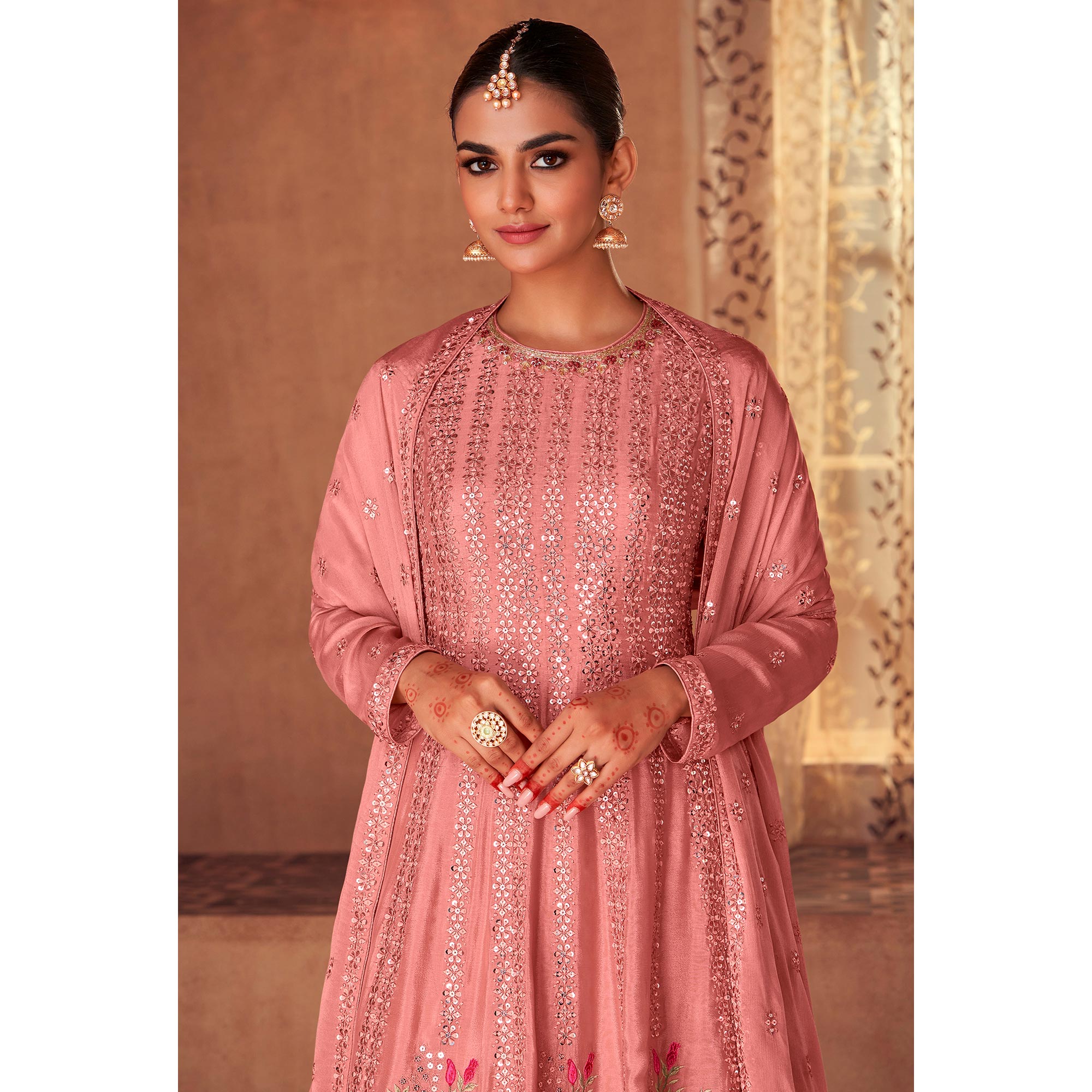 Peach Floral Sequins Embroidered Georgette Semi Stitched Sharara Suit