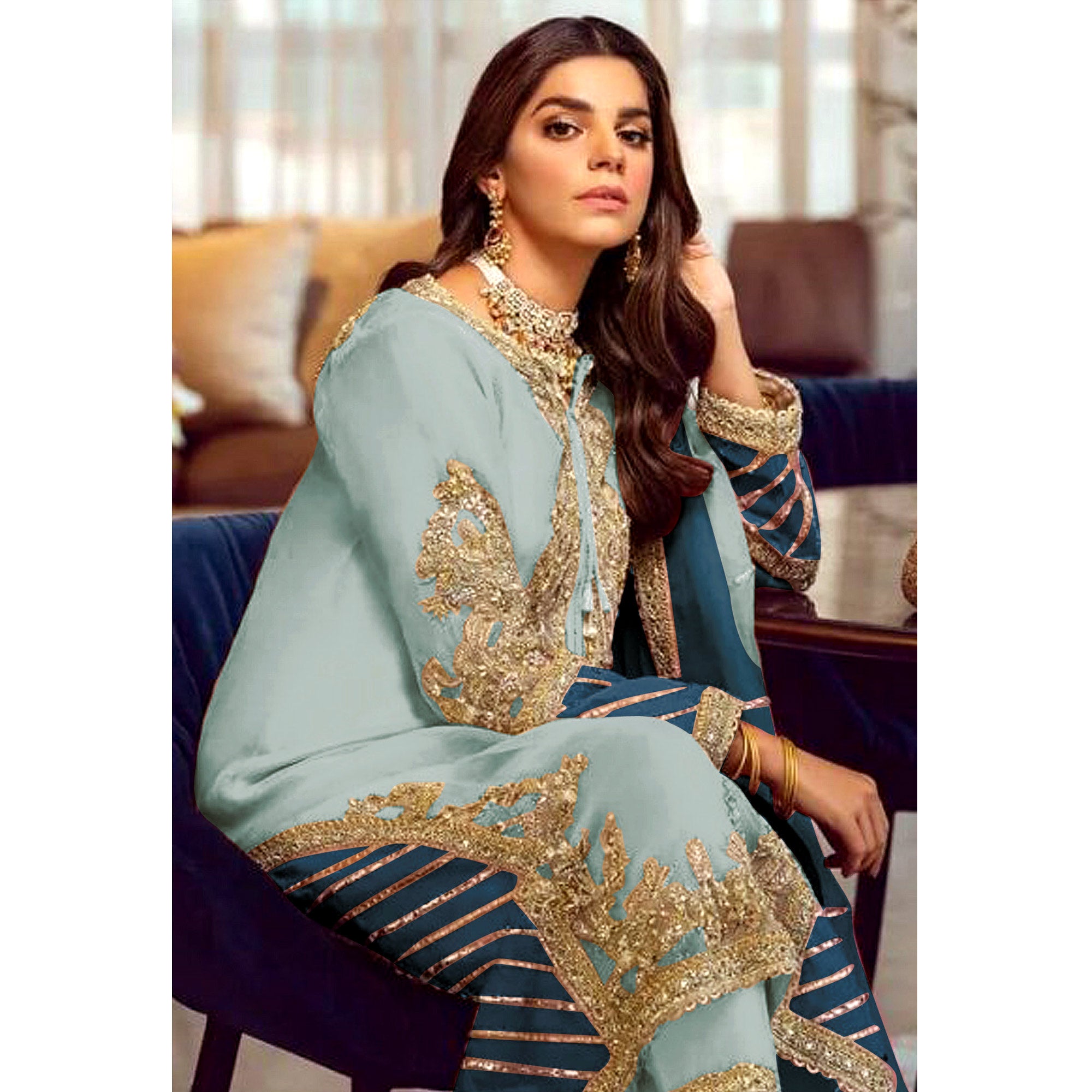 Blue Floral Embroidered Georgette Semi Stitched Pakistani Suit