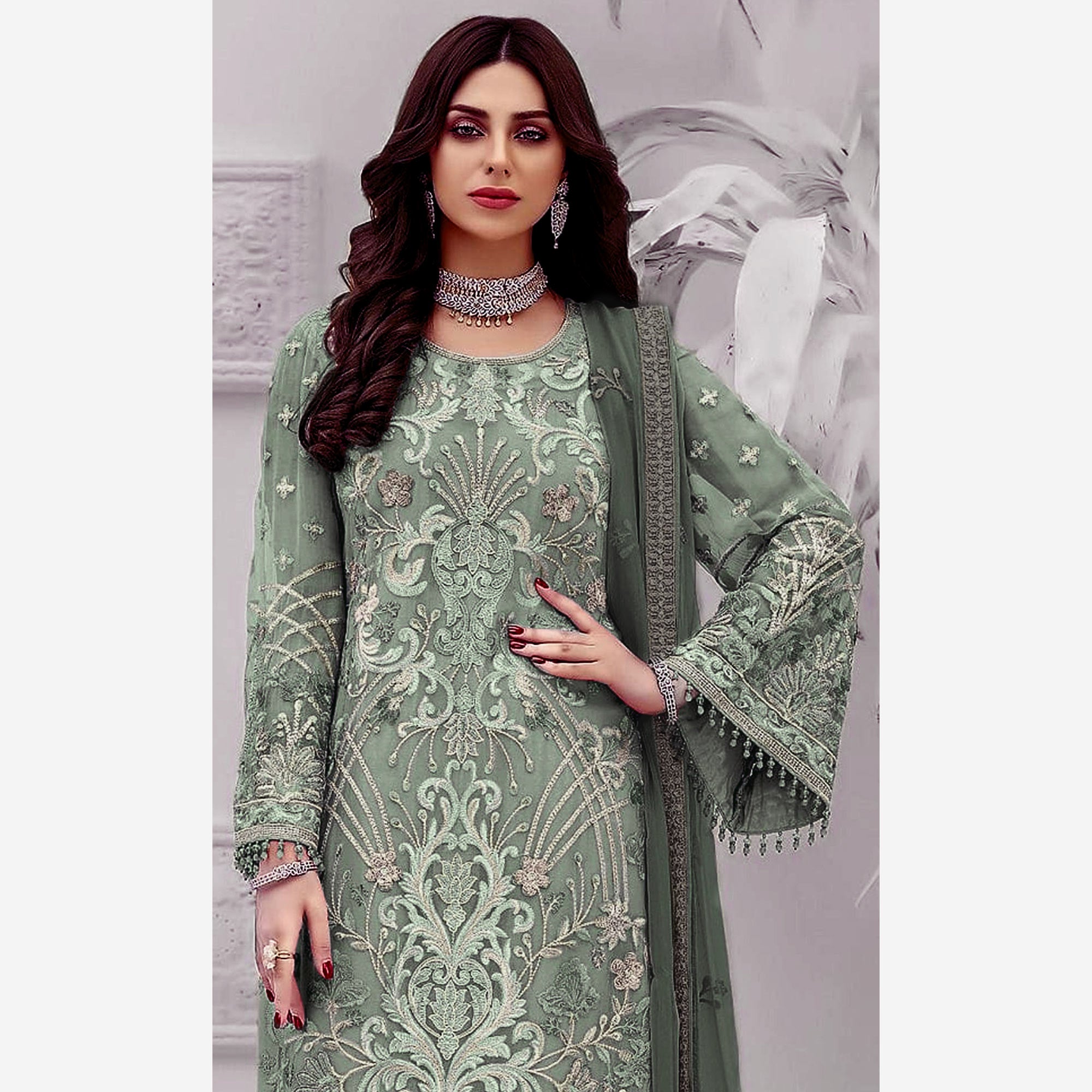 Mint Green Floral Embroidered Georgette Semi Stitched Pakistani Suit