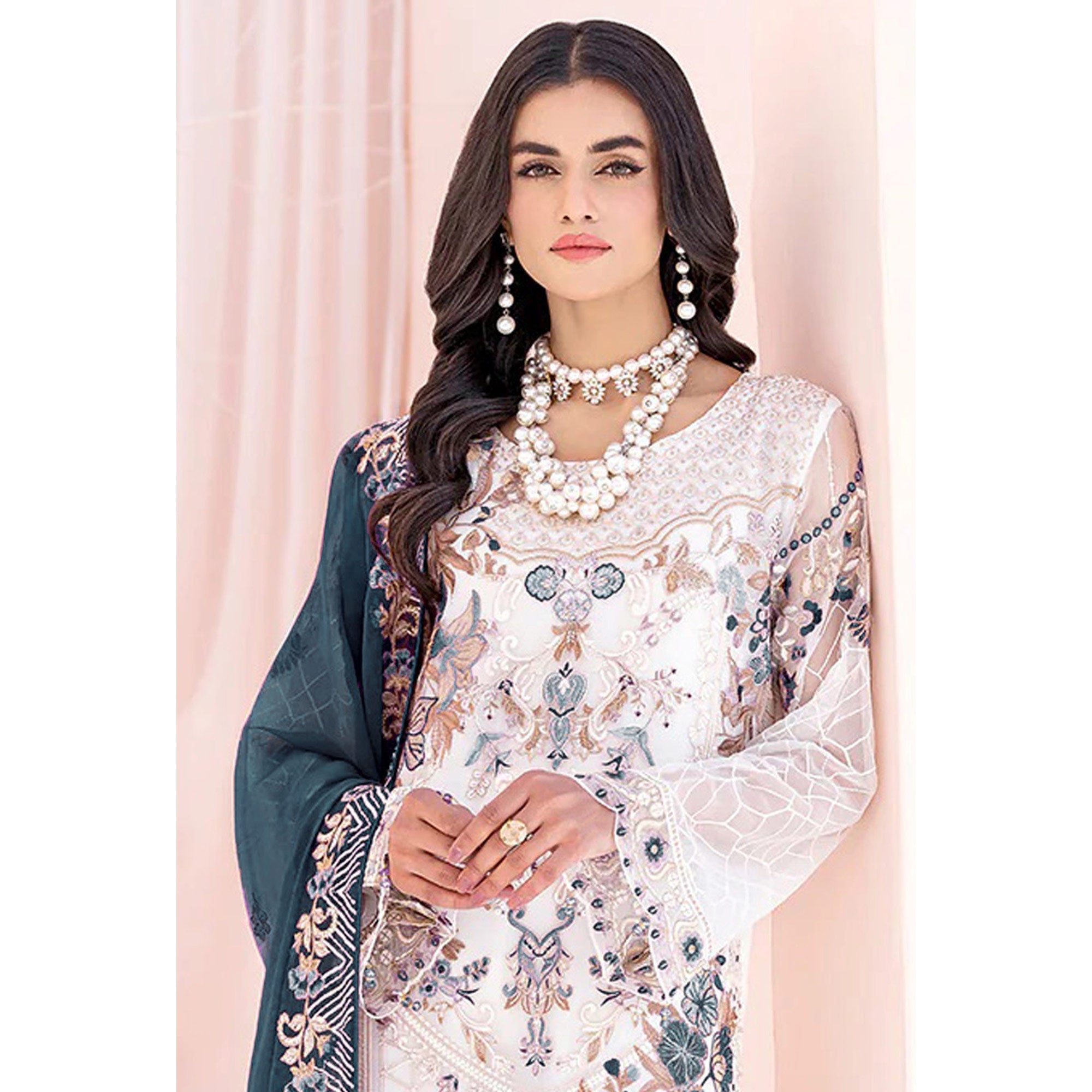 White & Blue Floral Embroidered Georgette Semi Stitched Pakistani Suit