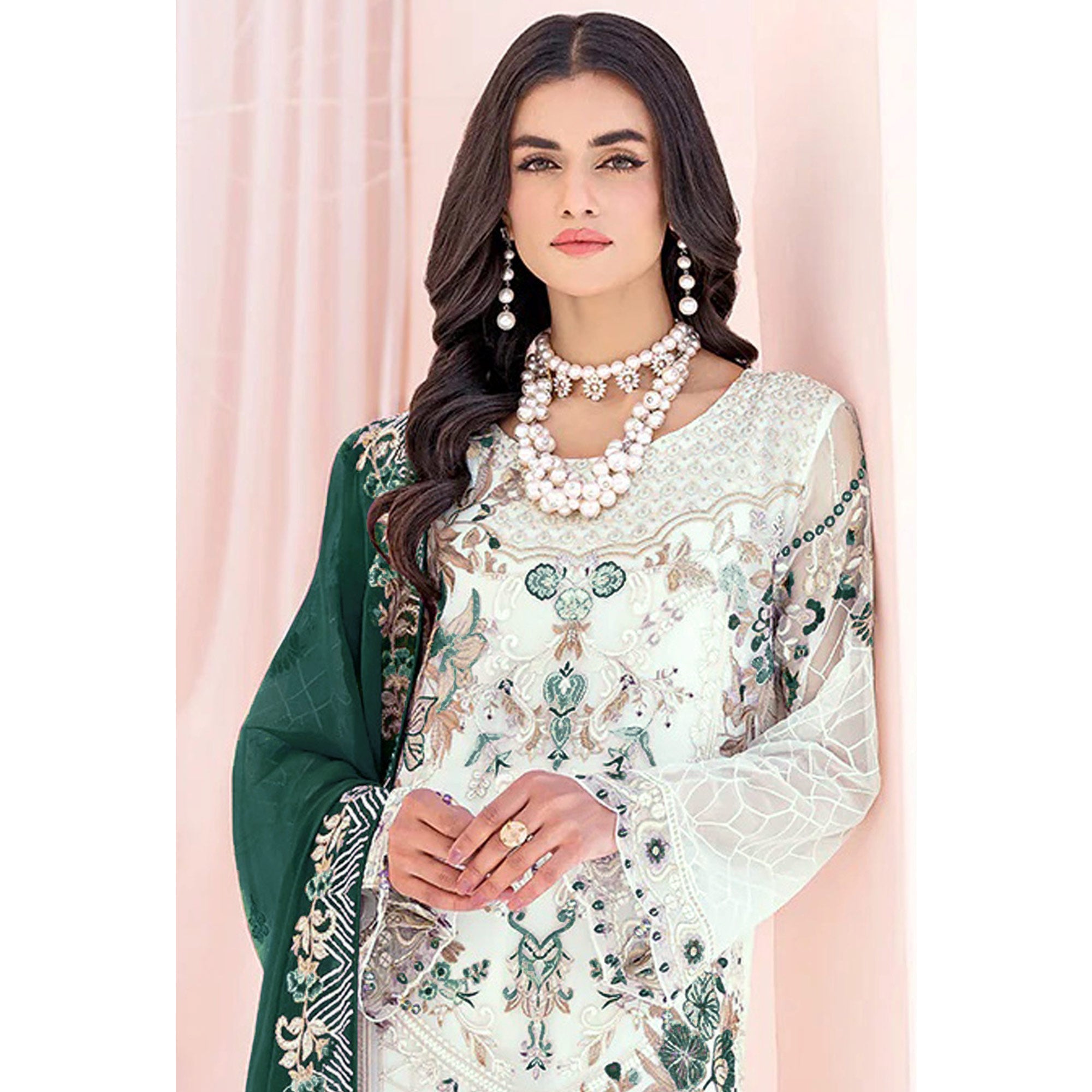 White & Green Floral Embroidered Georgette Semi Stitched Pakistani Suit