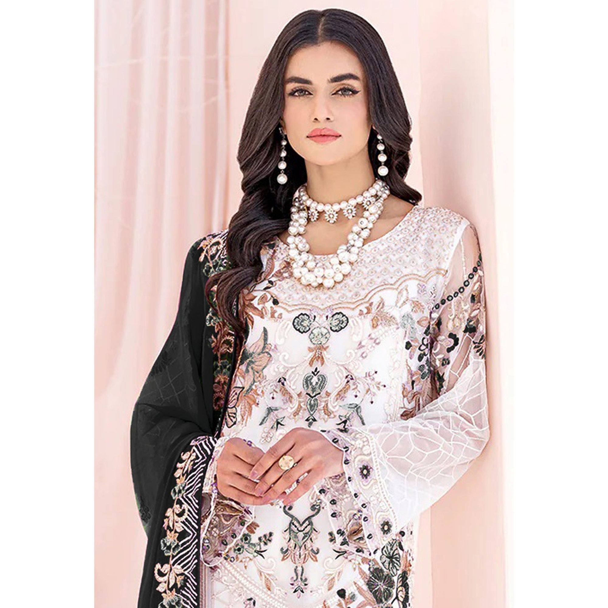 White & Black Floral Embroidered Georgette Semi Stitched Pakistani Suit