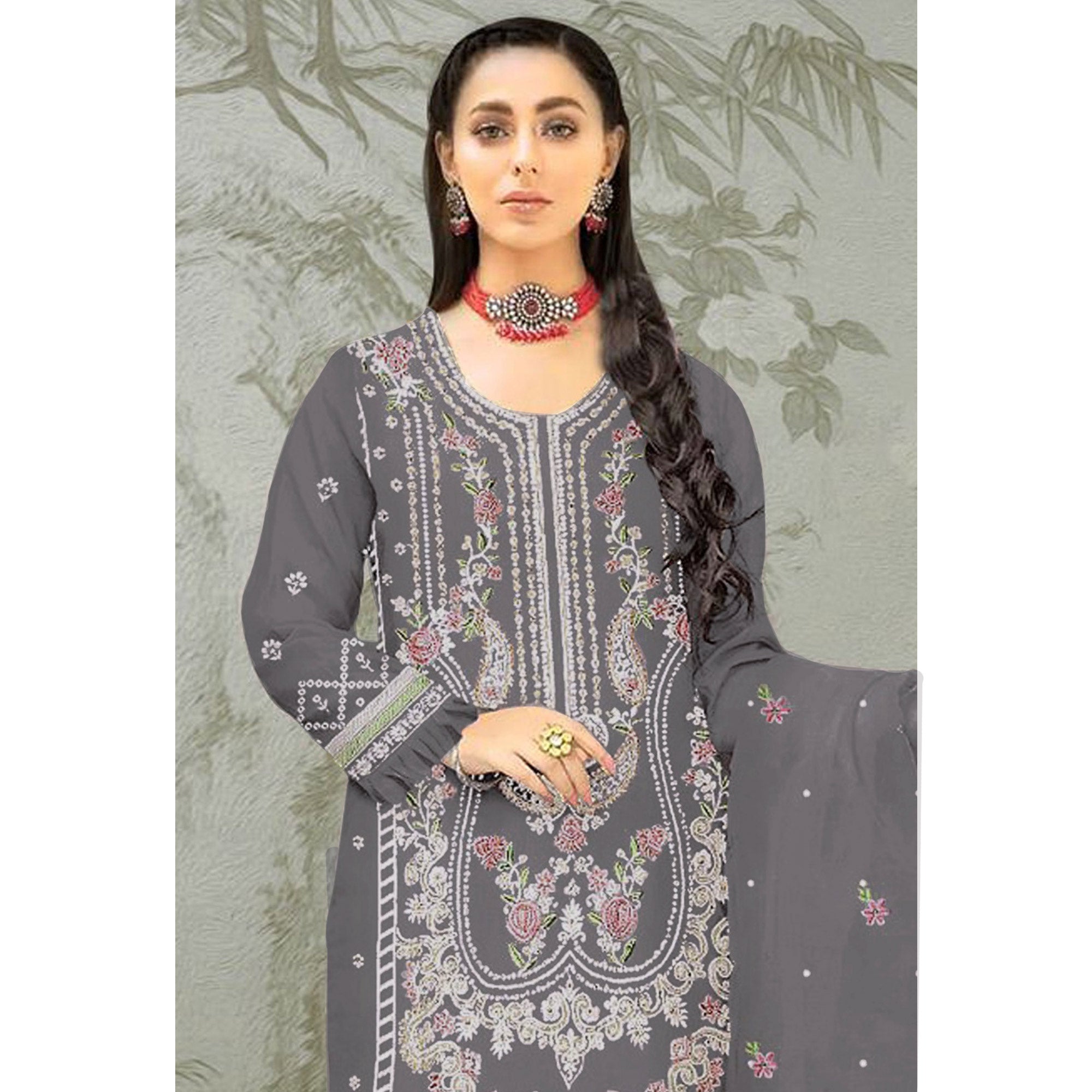 Grey Floral Embroidered Organza Semi Stitched Pakistani Suit