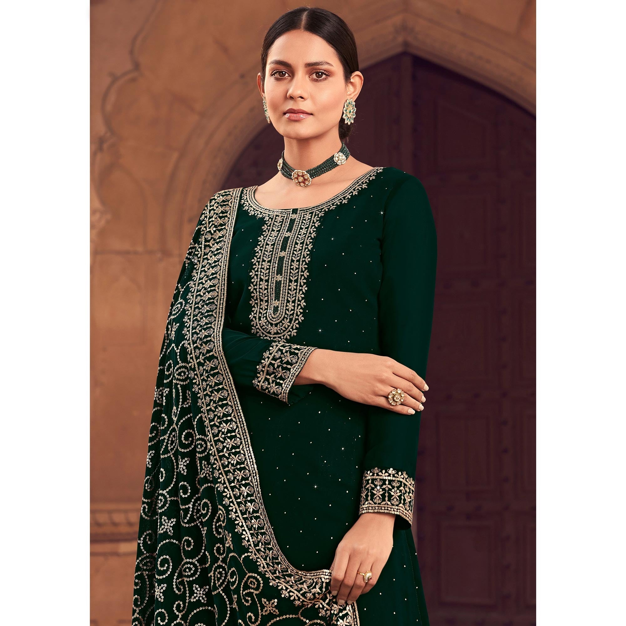 Green Sequins Embroidered Georgette Semi Stitched Suit