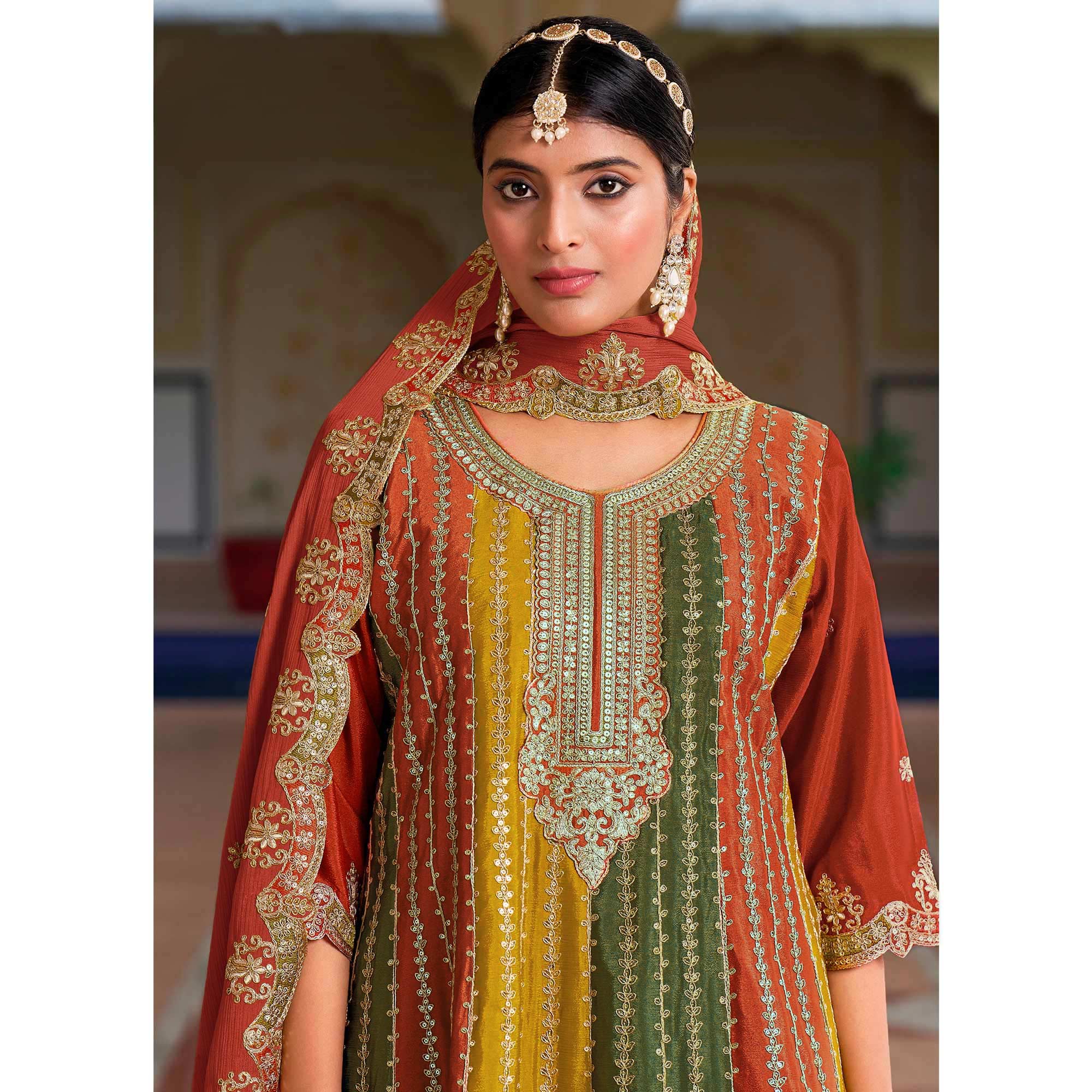 Rust Sequins Embroidered Chinon Semi Stitched Dress Material