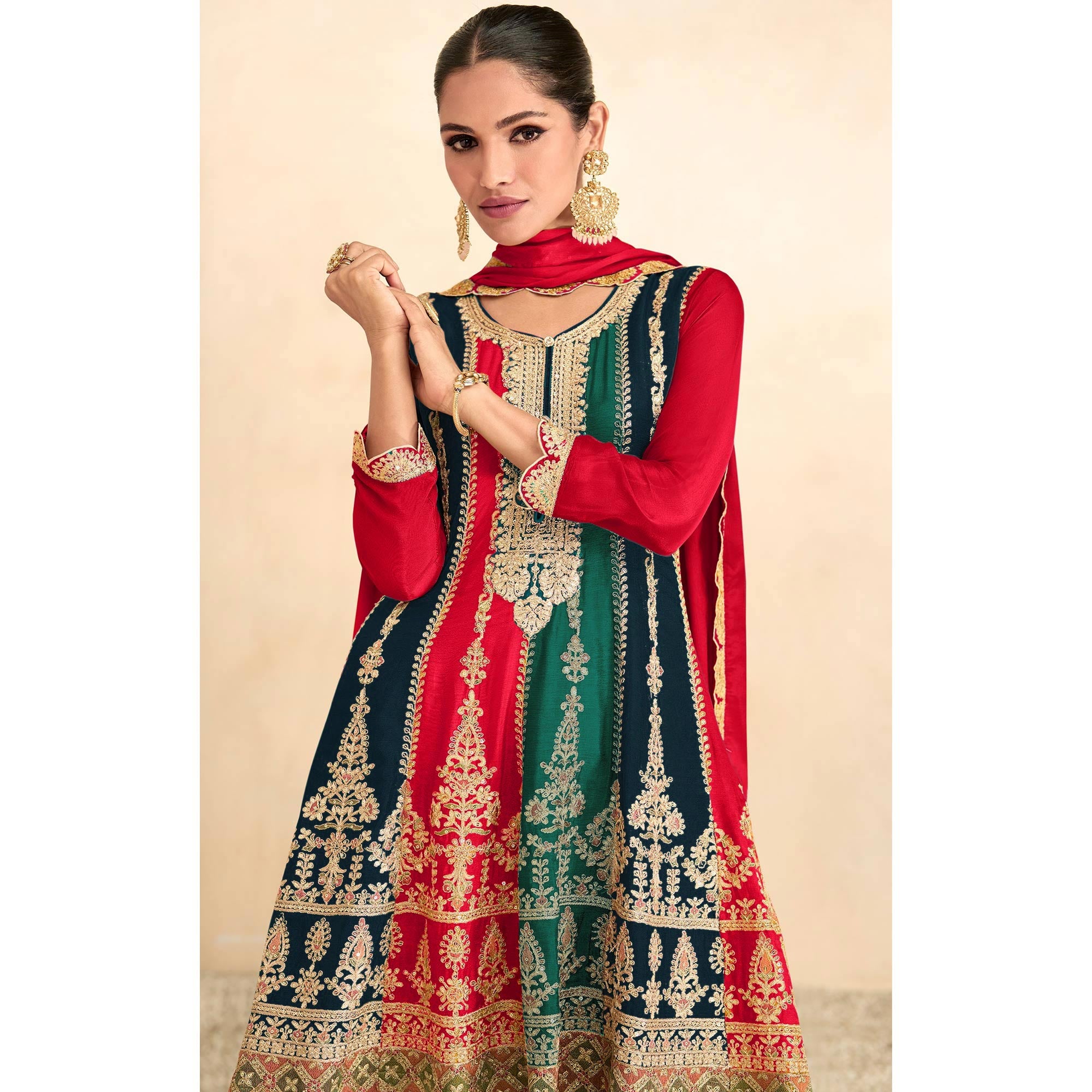 Rani Pink Sequins Embroidered Chinon Semi Stitched Sharara Suit