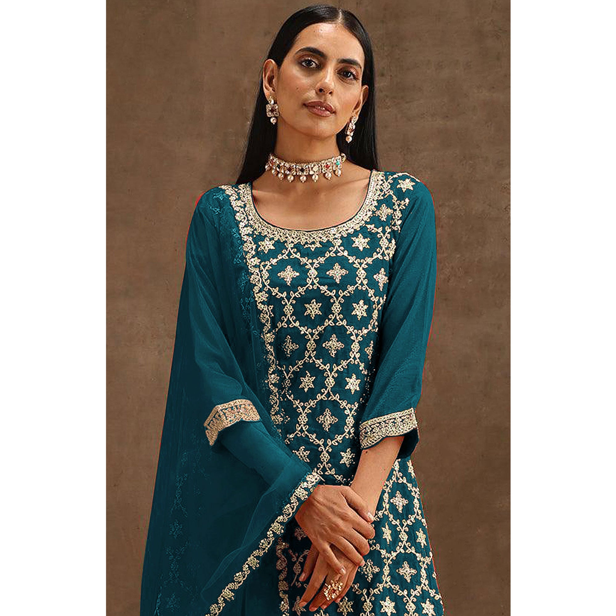 Teal Embroidered Georgette Semi Stitched Suit