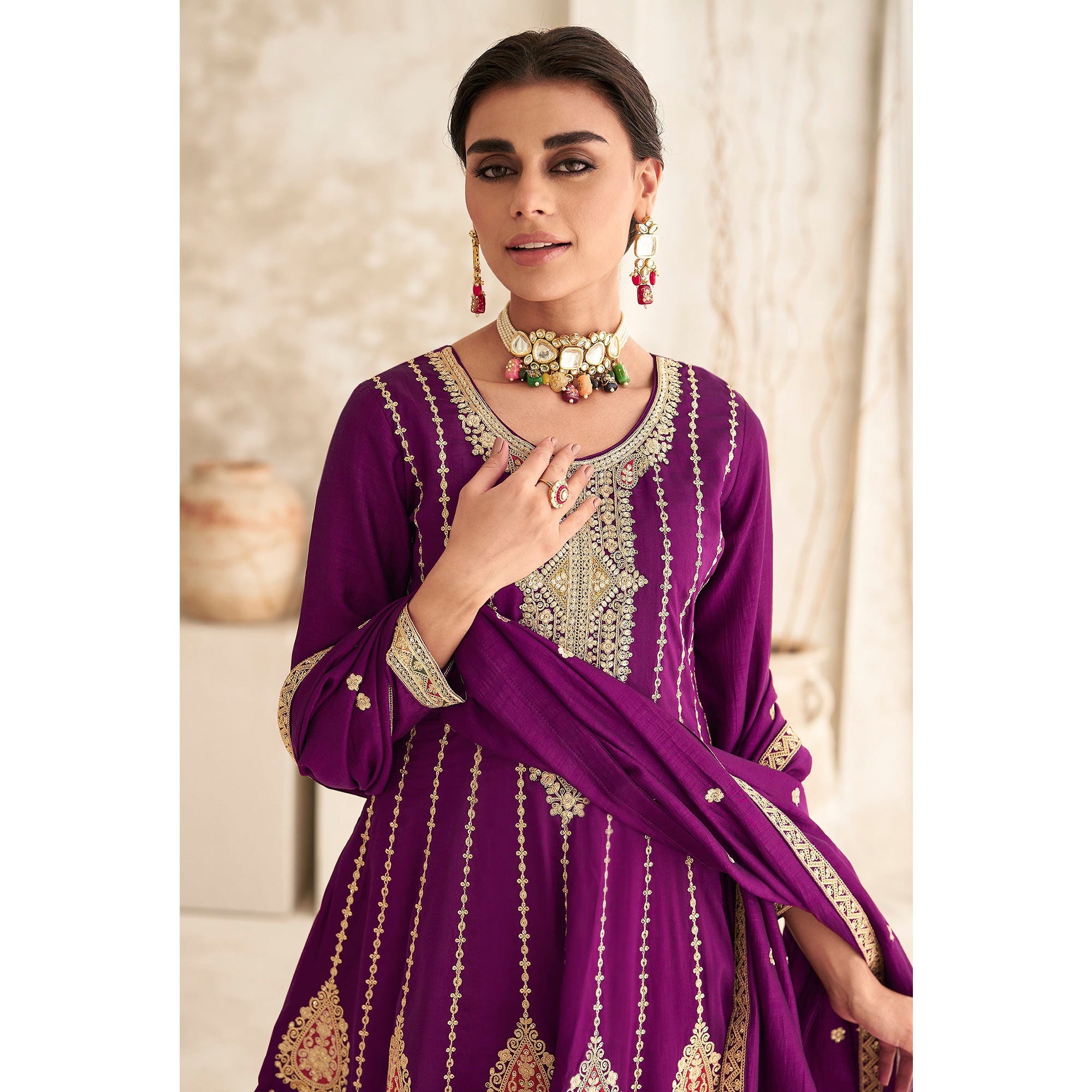 Wine Sequins Embroidered Georgette Semi Stitched Anarkali Suit