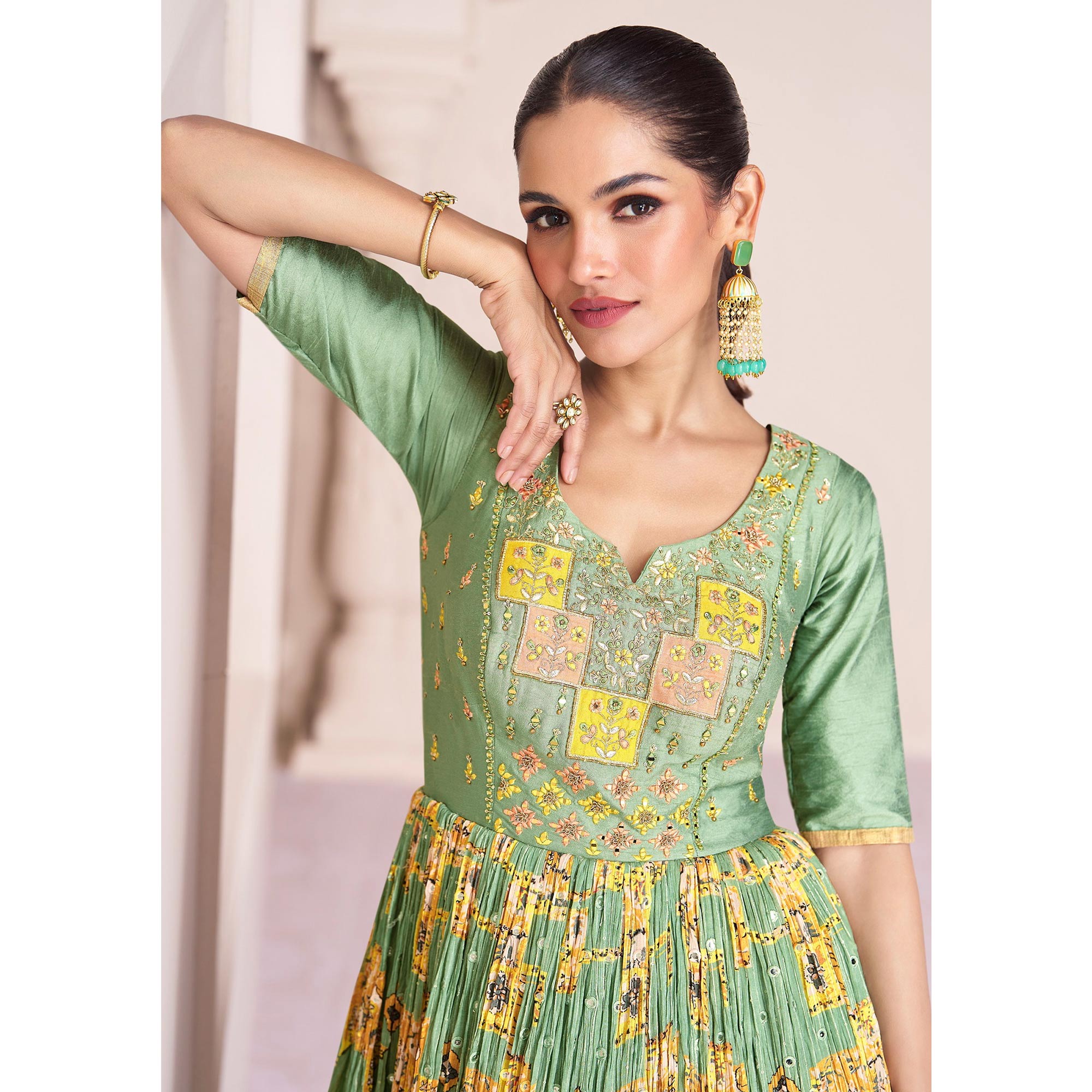 Green Embroidered With Printed Georgette Semi Stitched Anarkali Suit