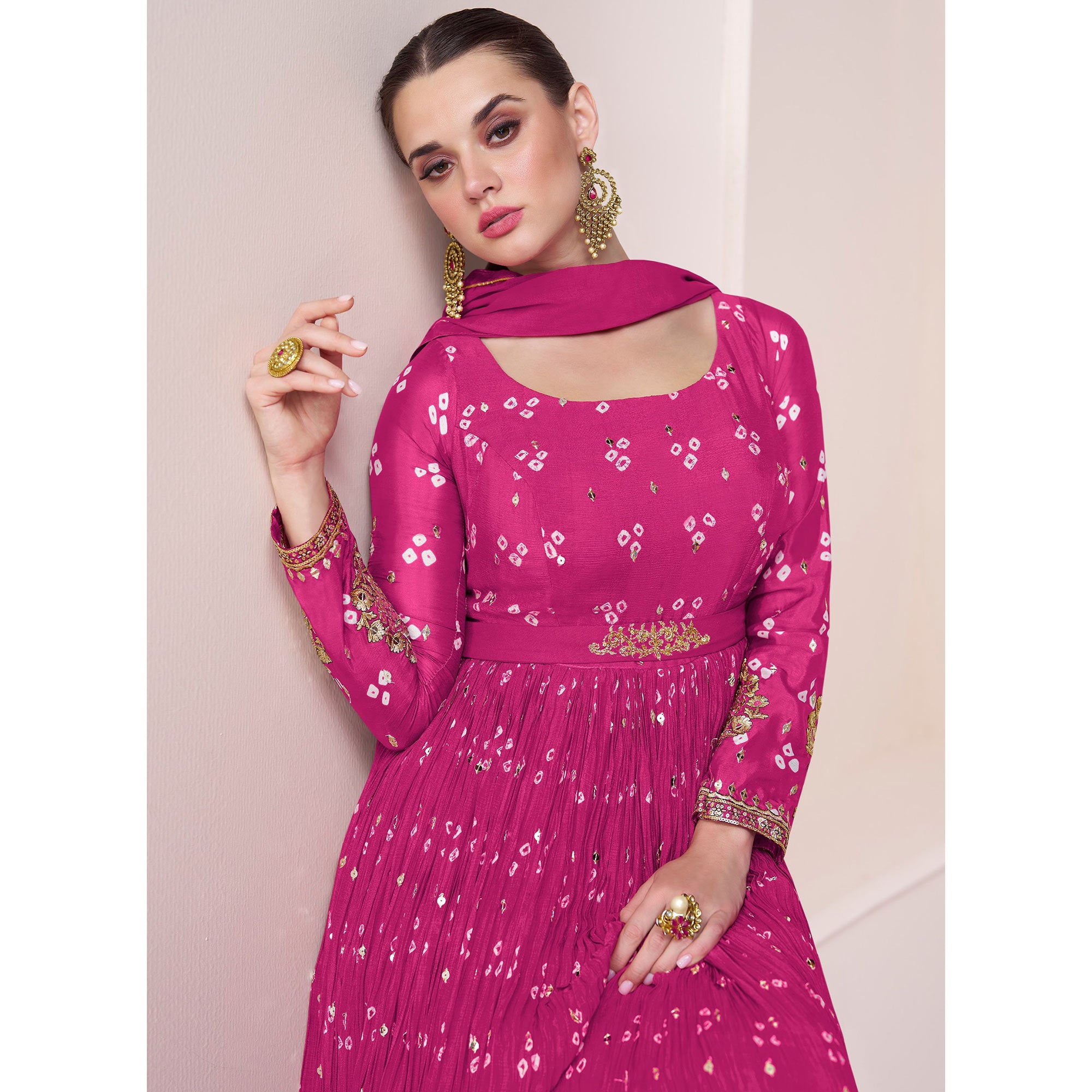 Pink Embroidered With Printed Georgette Semi Stitched Anarkali Suit
