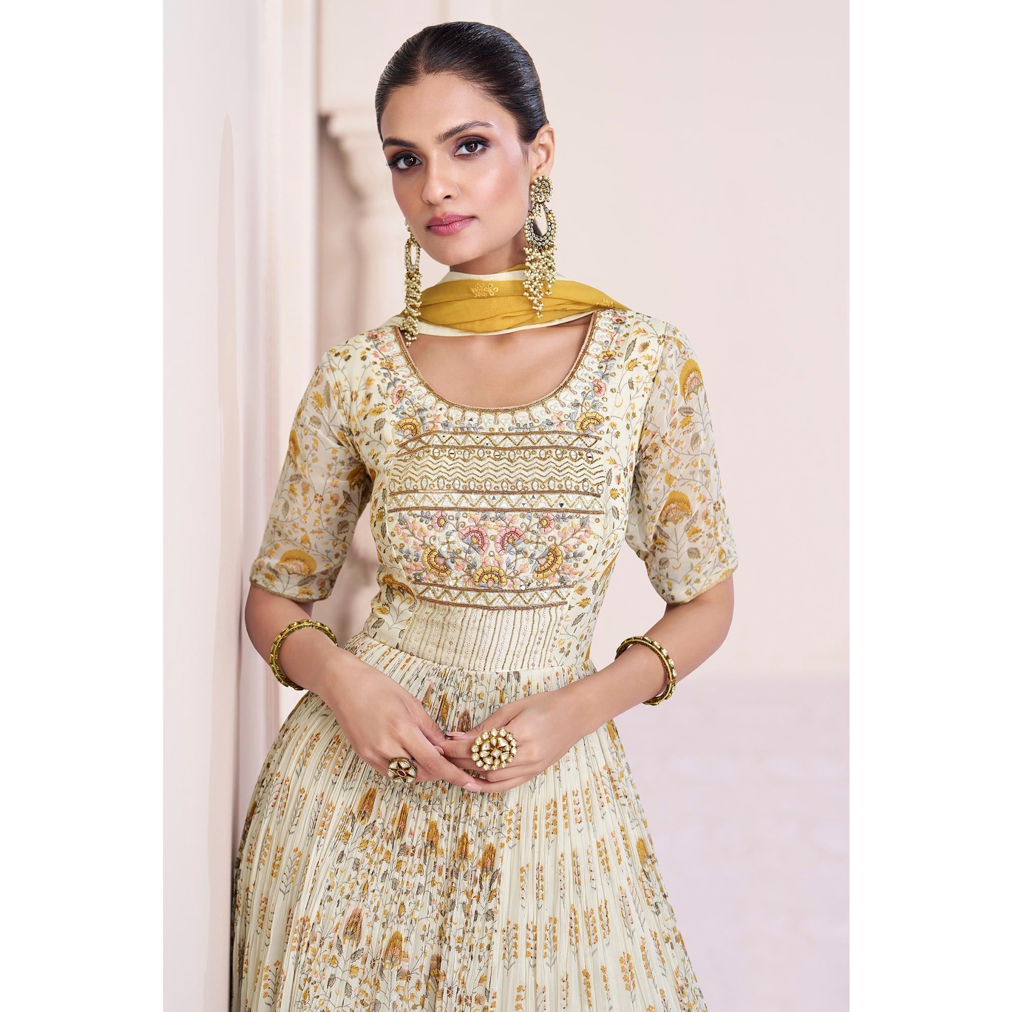 Cream Embroidered With Printed Georgette Semi Stitched Anarkali Suit