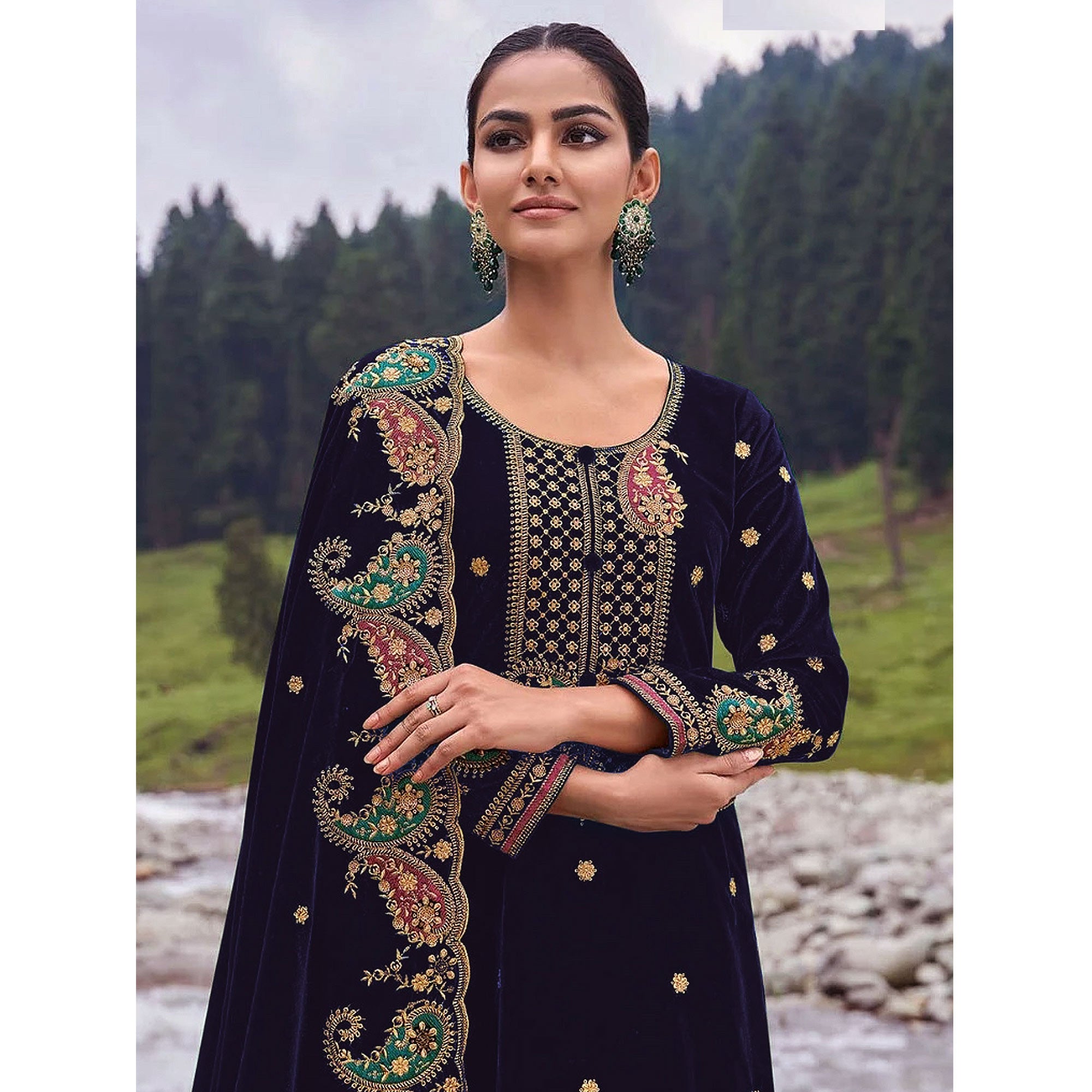 Navy Blue Floral Embroidered Velvet Semi Stitched Salwar Suit
