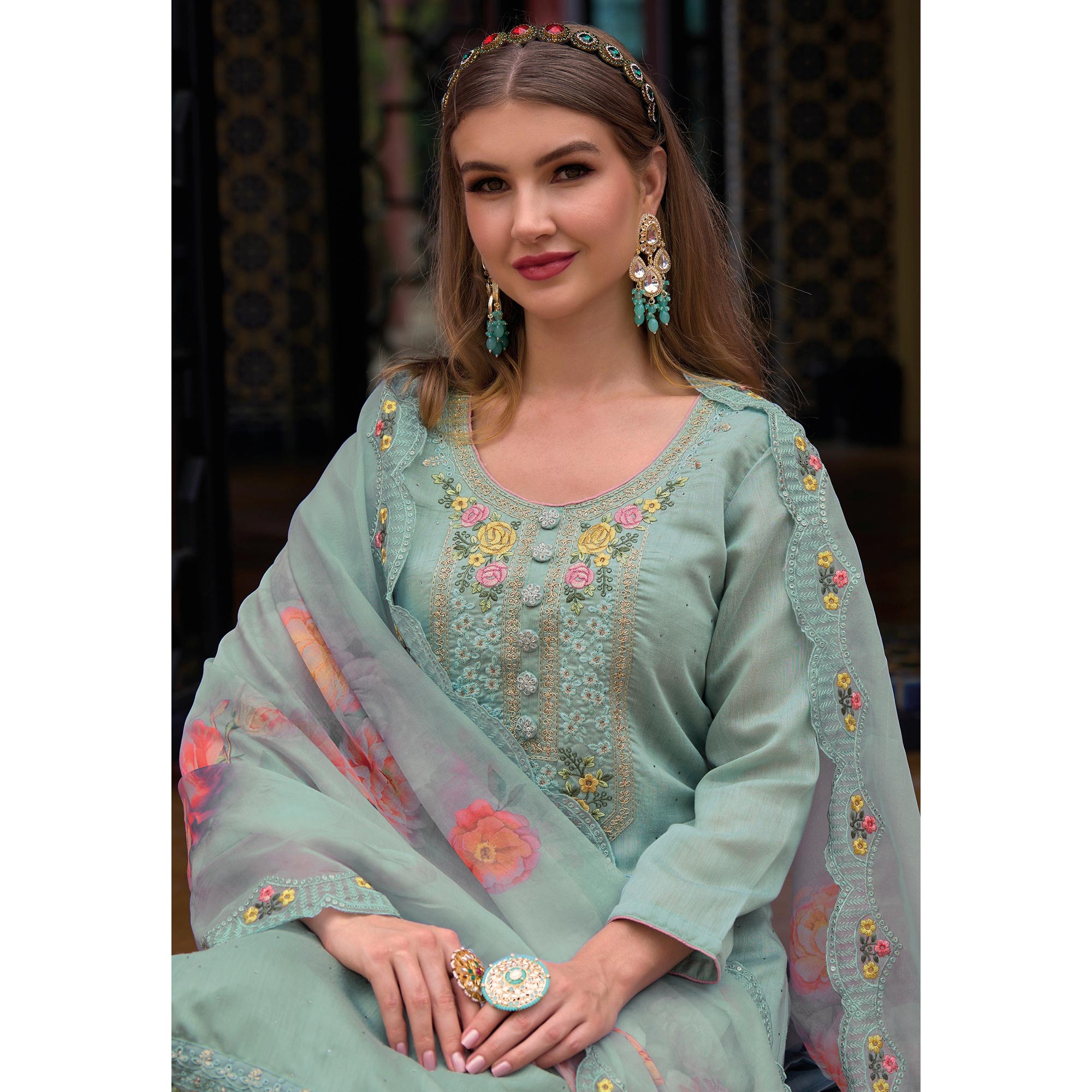 Blue Floral Embroidered Viscose Semi Stitched Suit