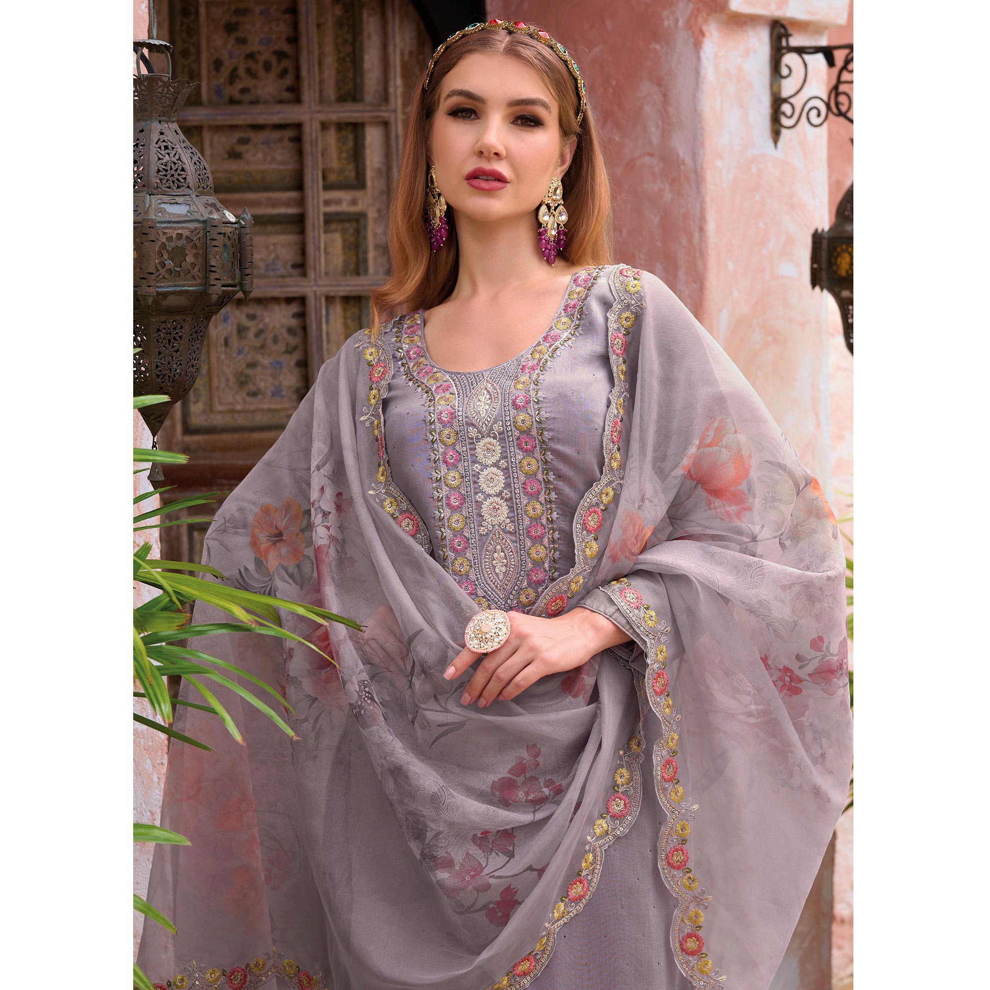 Purple Floral Embroidered Viscose Semi Stitched Suit