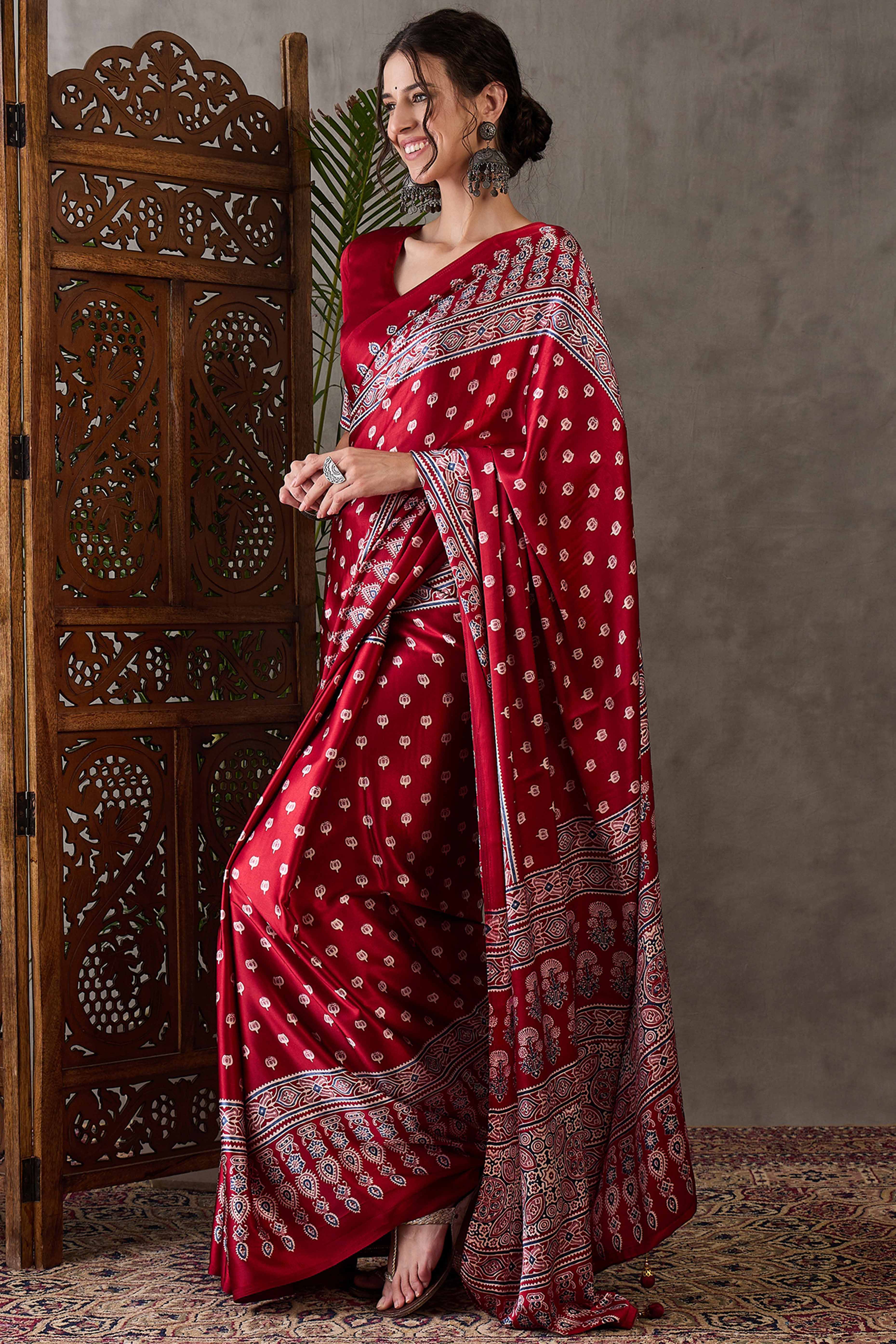 Red Ajrakh Inspired Printed Modal Satin Saree for Party Occasions