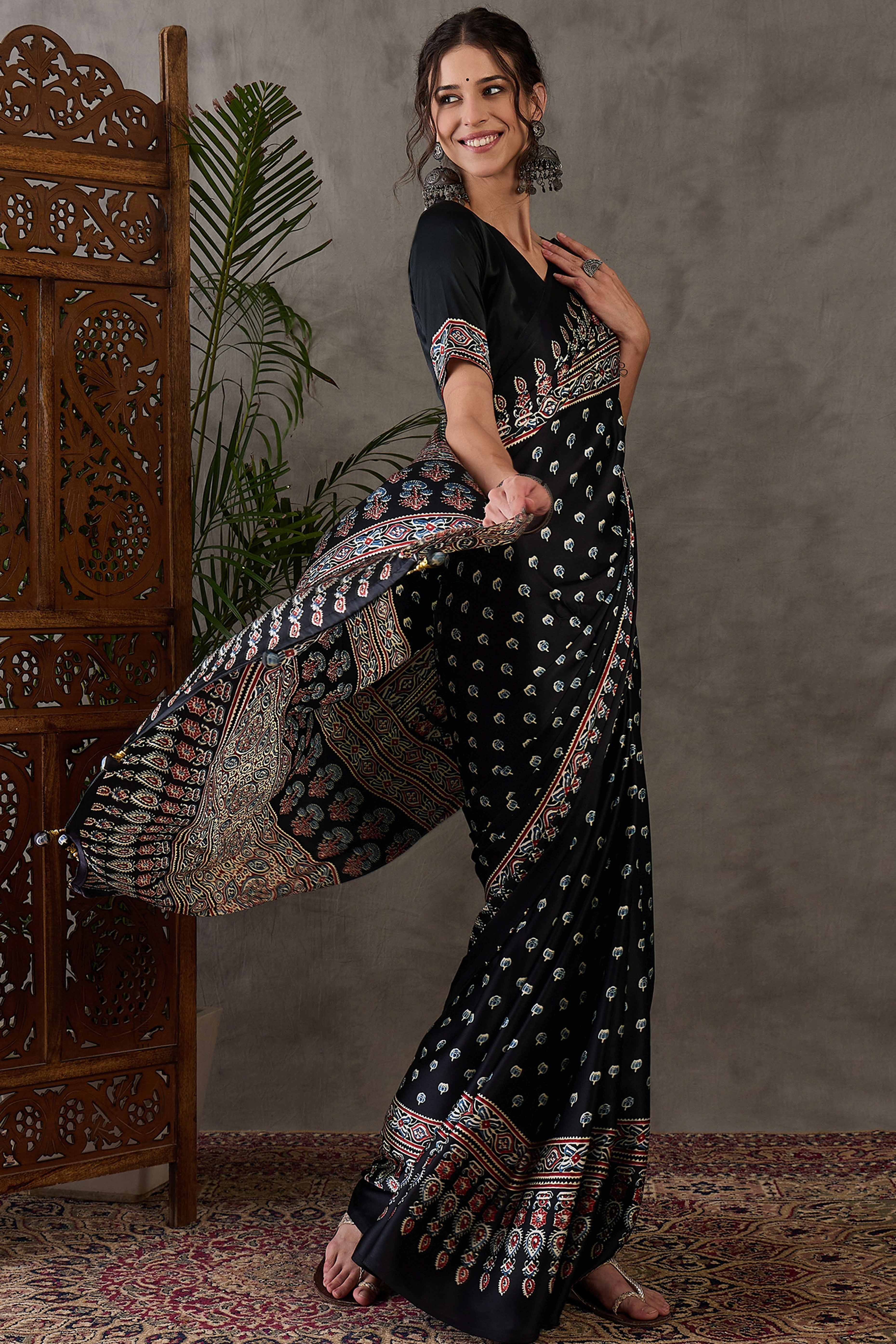 Black Ajrakh Inspired Printed Modal Satin Saree for Party Occasions