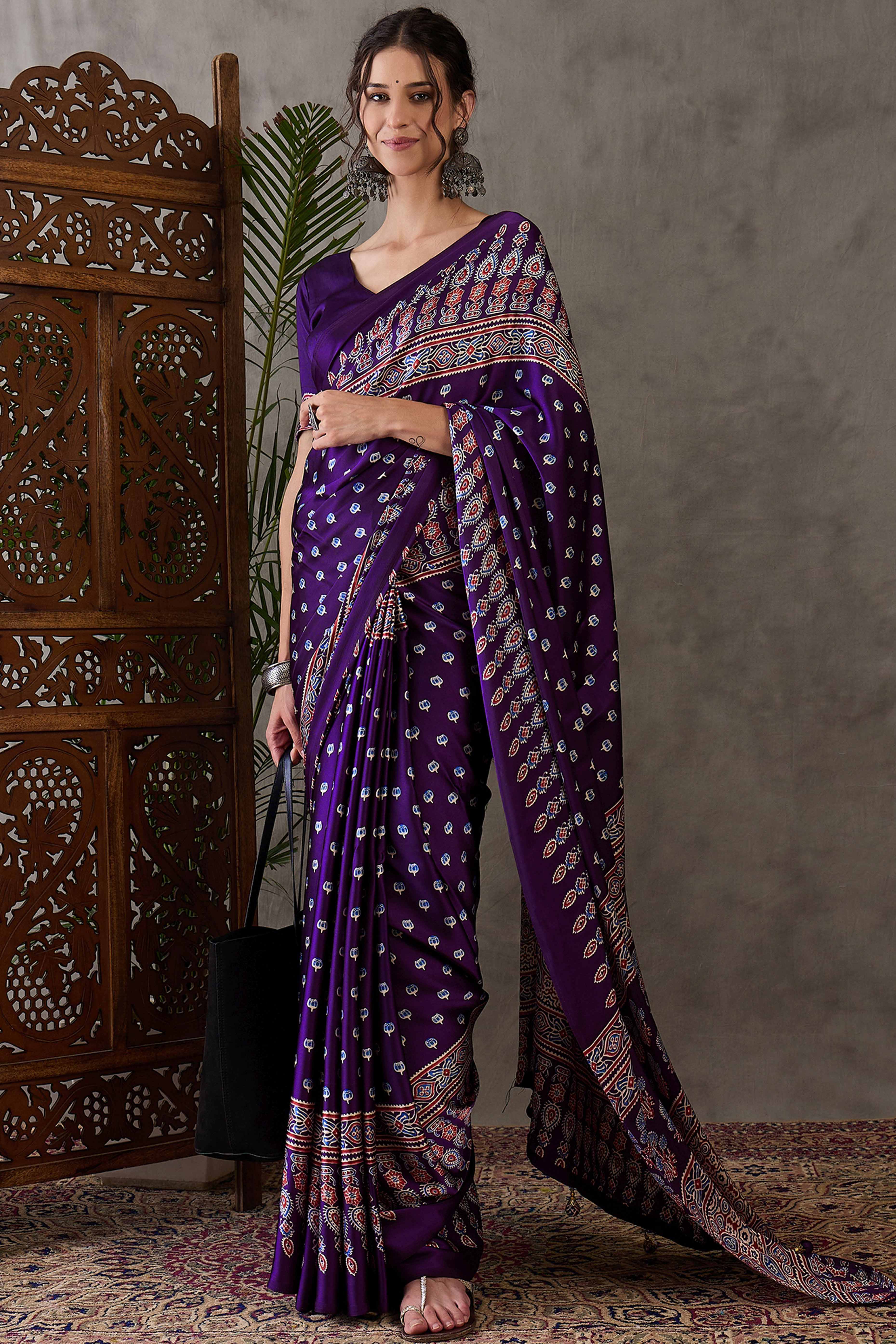 Purple Ajrakh Inspired Printed Modal Satin Saree for Party Occasions