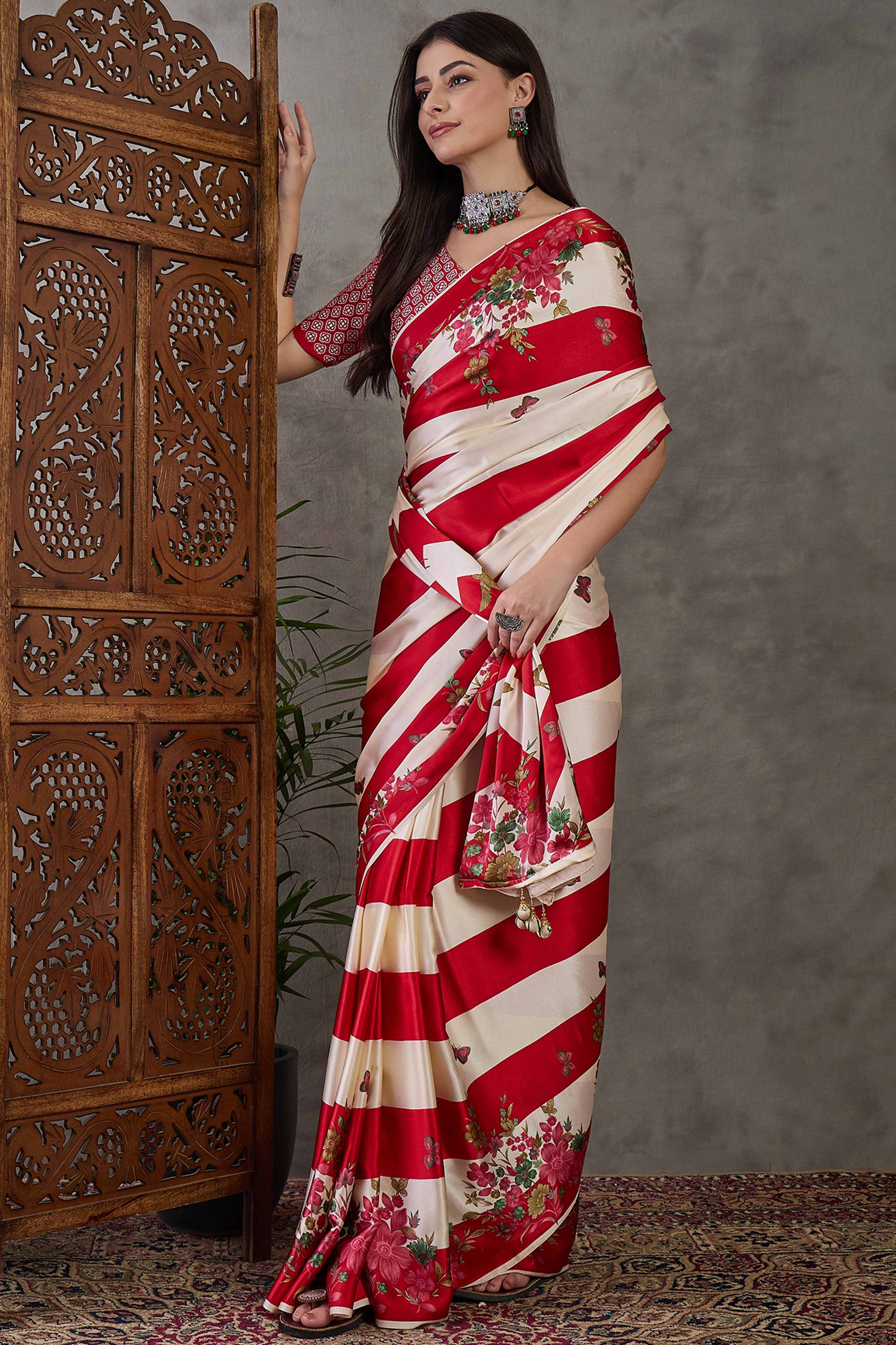 Red Floral Printed Modal Satin Party Wear Saree with a Smooth Satin Finish