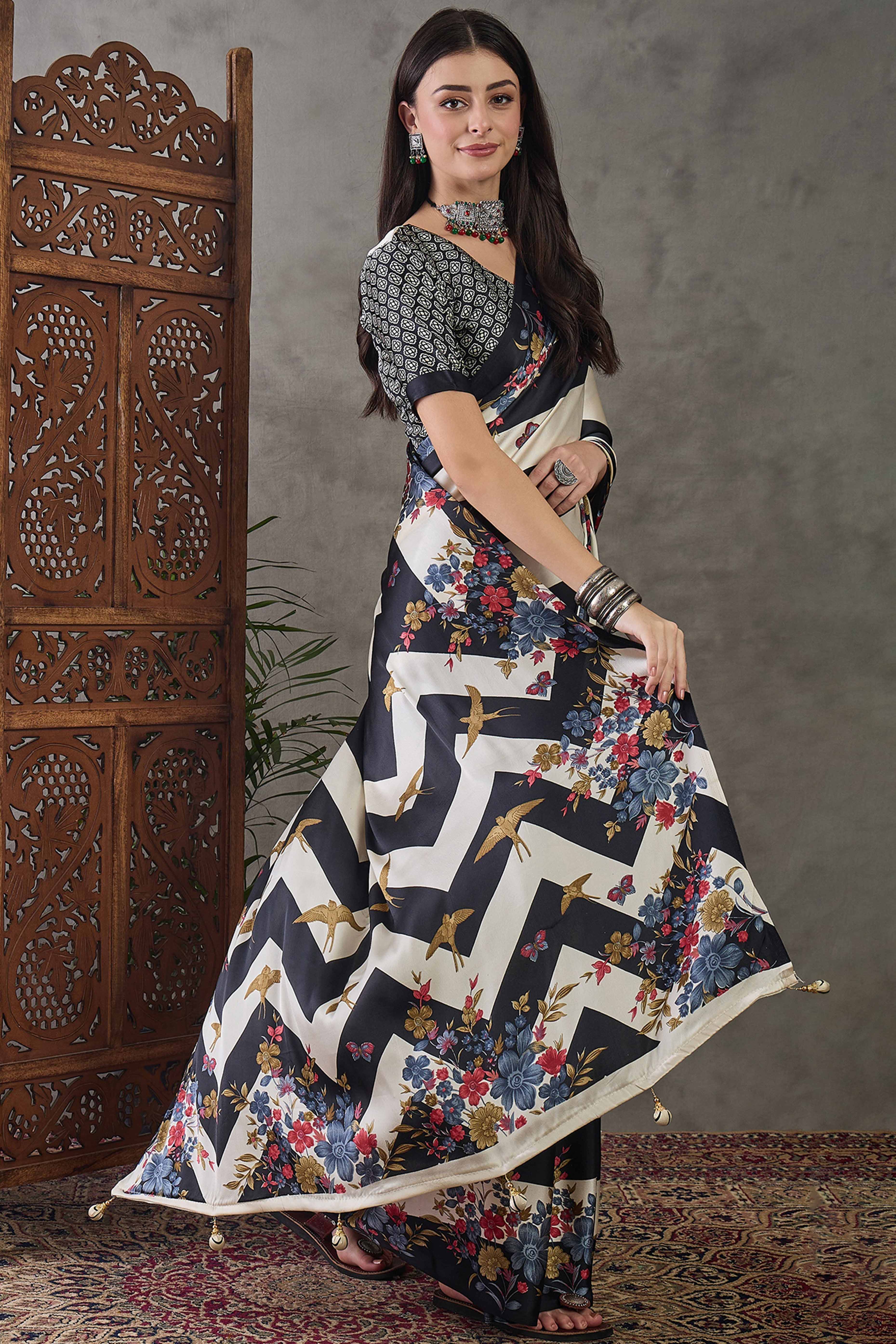 Black Floral Printed Modal Satin Party Wear Saree with a Smooth Satin Finish
