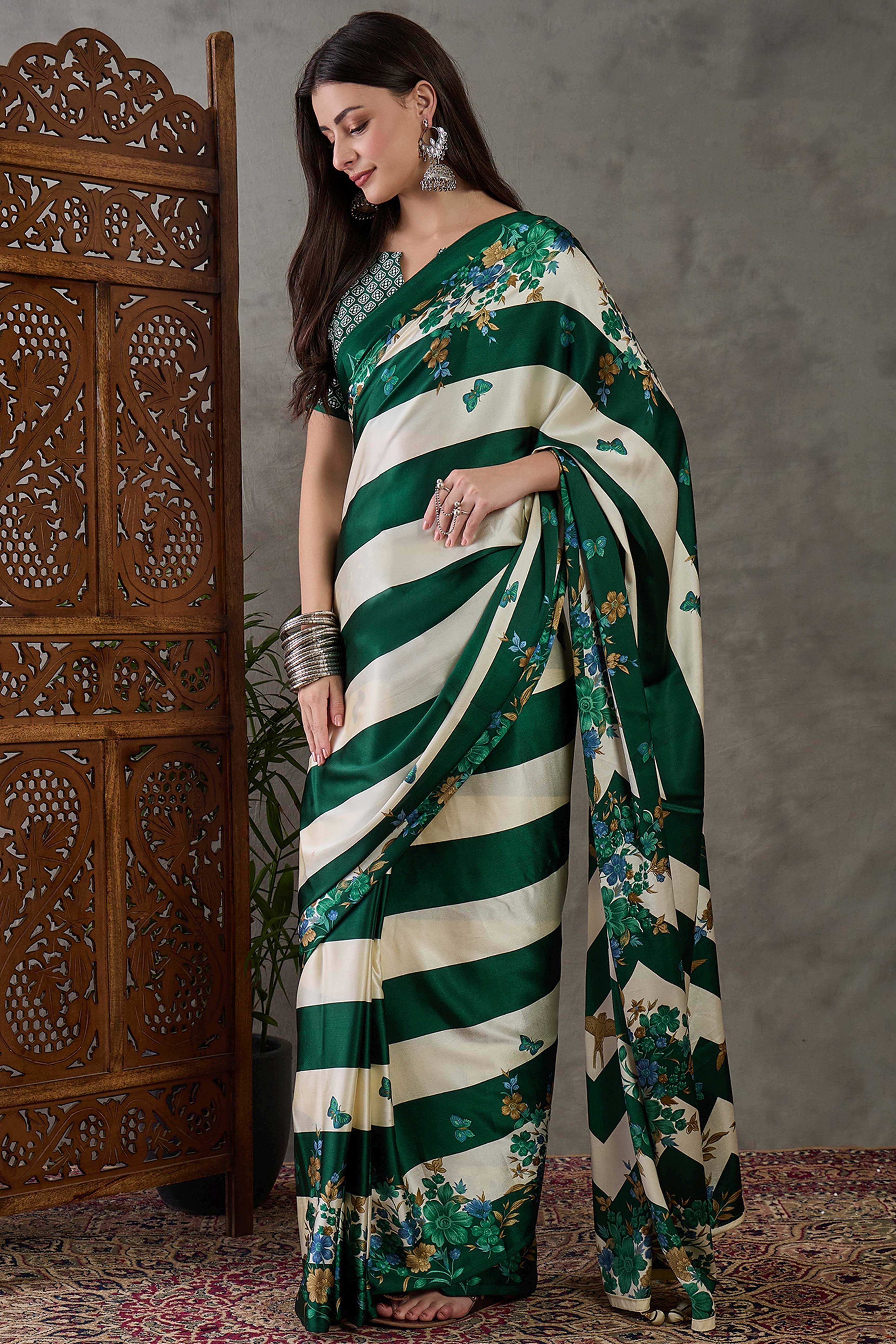 Green Floral Printed Modal Satin Party Wear Saree with a Smooth Satin Finish