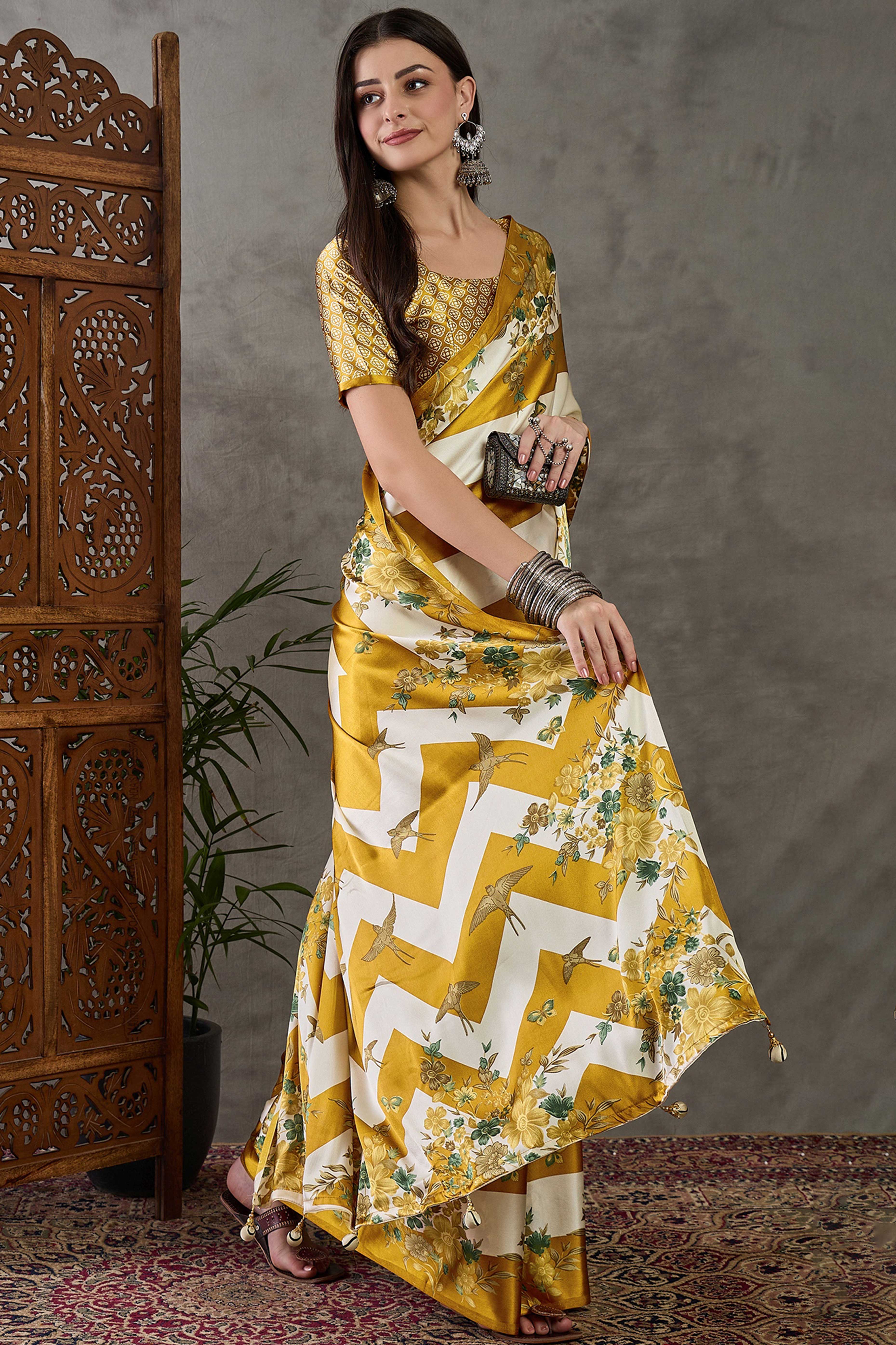 Olive Floral Printed Modal Satin Party Wear Saree with a Smooth Satin Finish