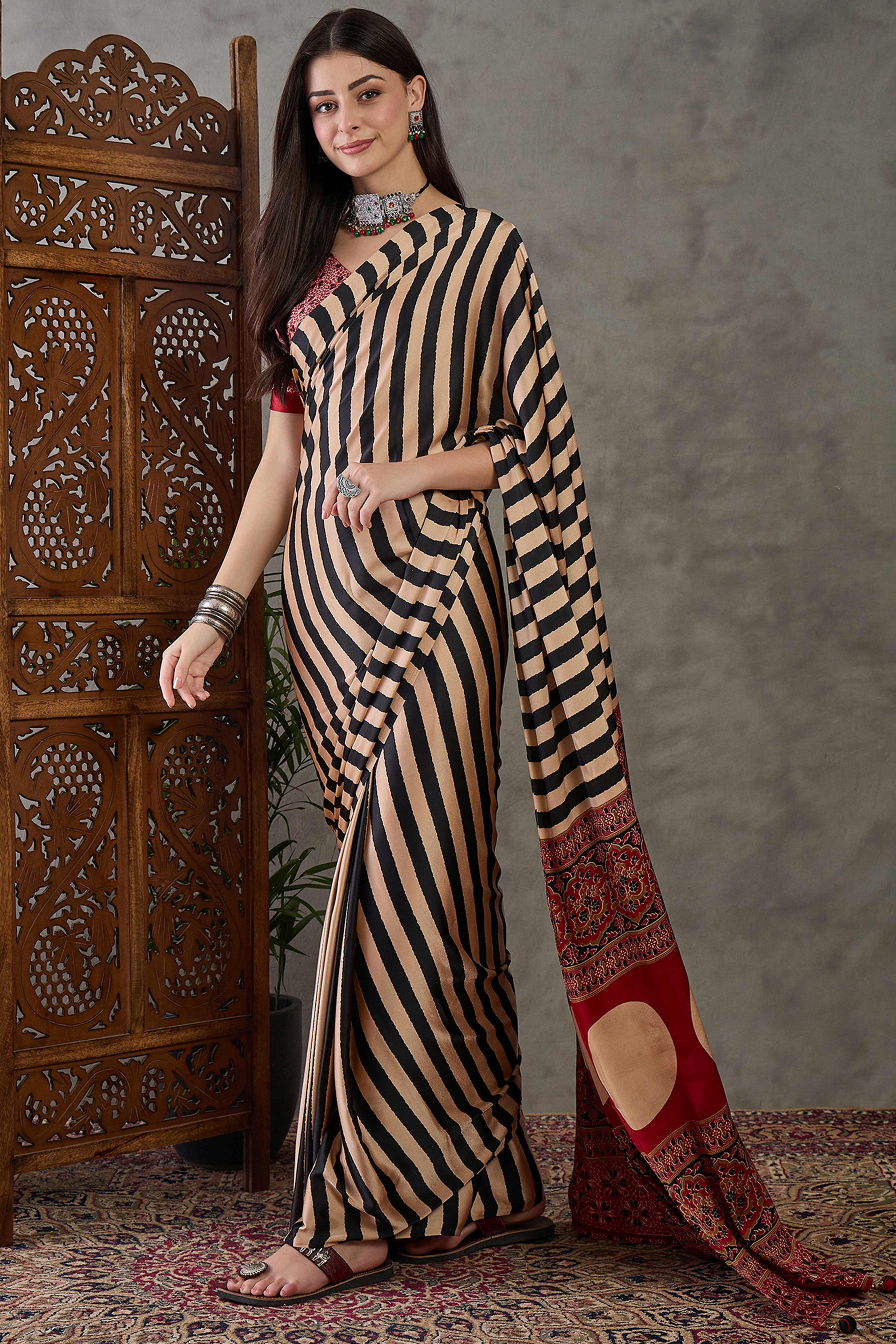 Black Modal Satin Saree with Subtle Stripe Design and Ajrakh Print on Pallu