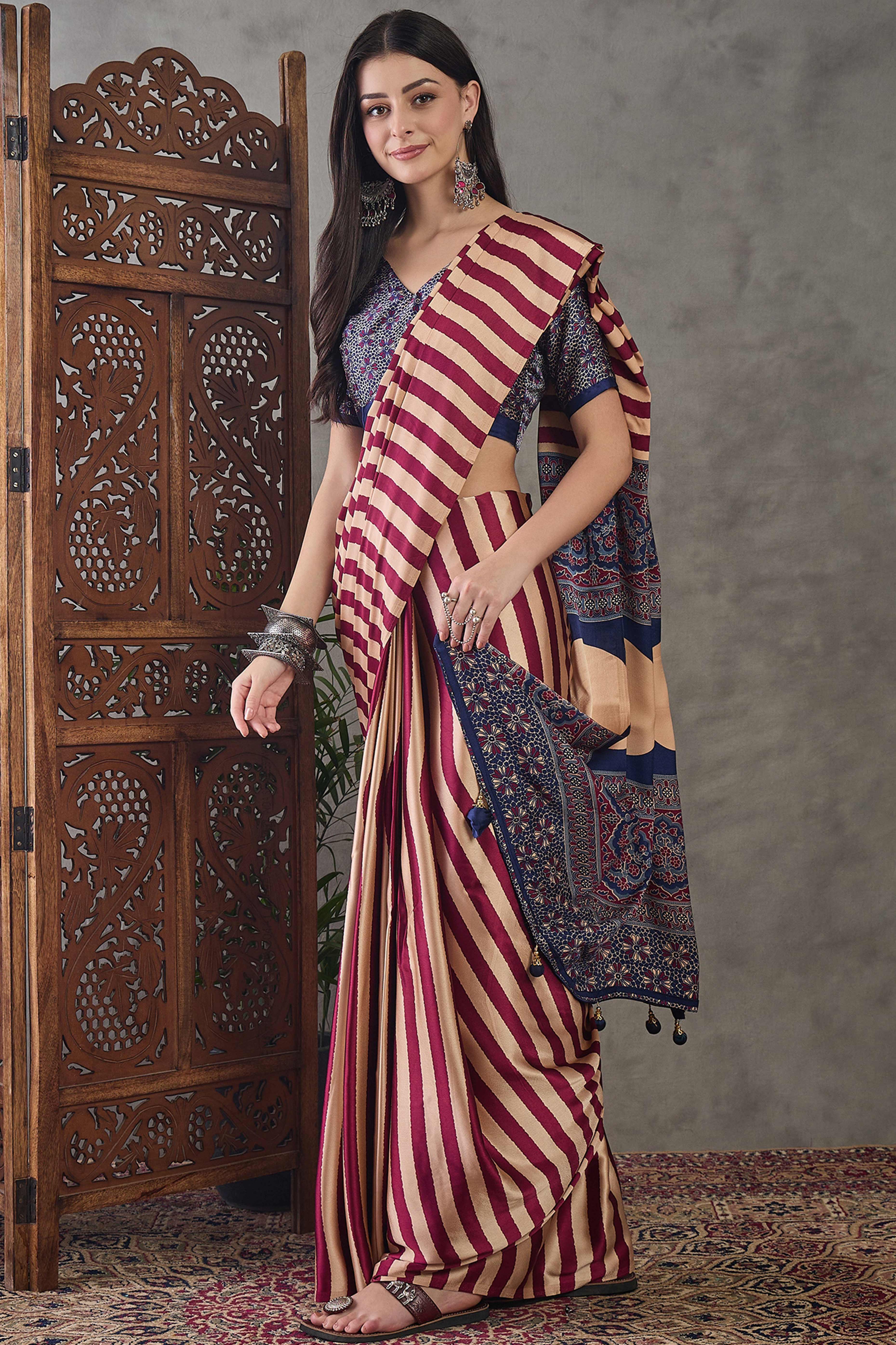 Wine Modal Satin Saree with Subtle Stripe Design and Ajrakh Print on Pallu