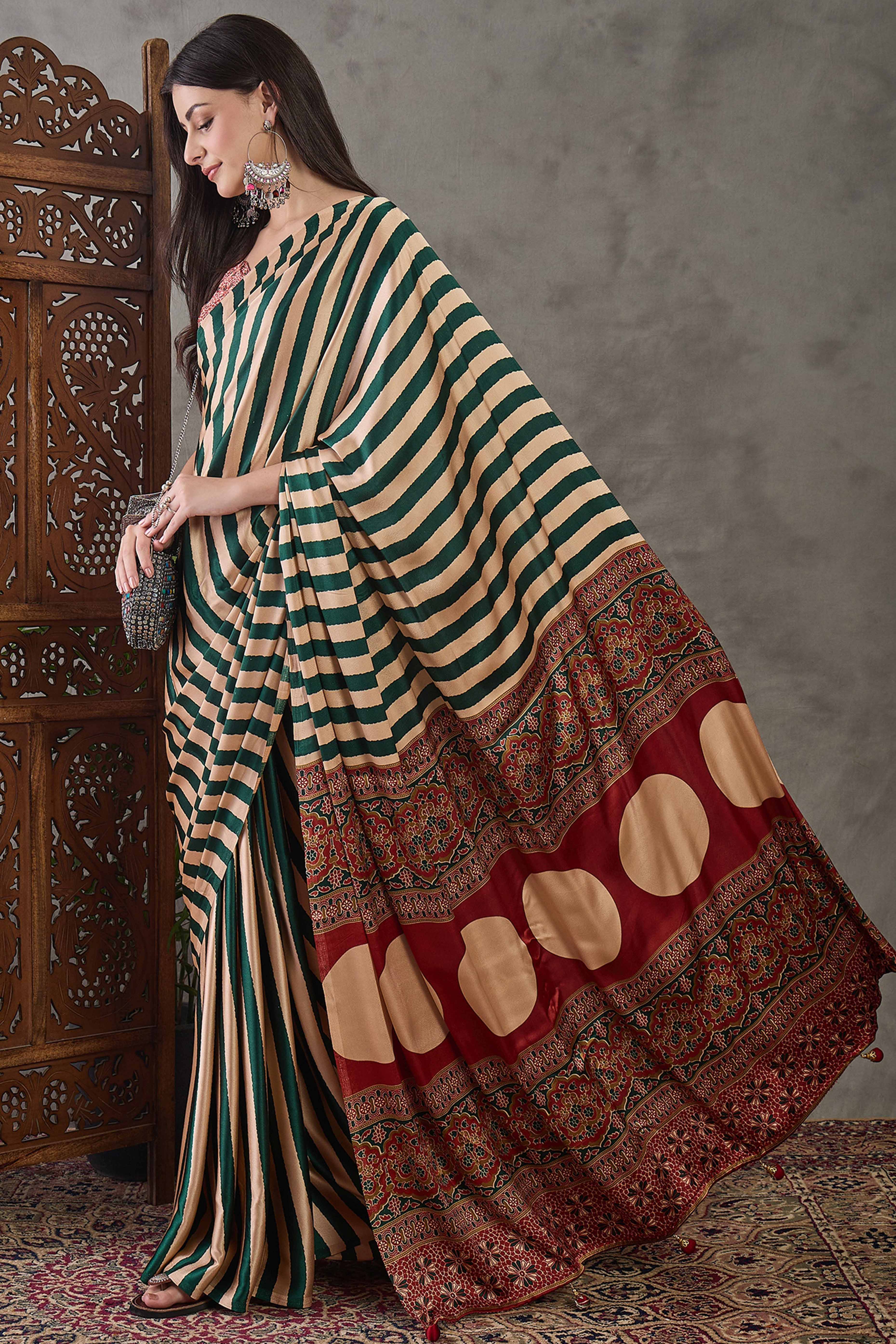 Green Modal Satin Saree with Subtle Stripe Design and Ajrakh Print on Pallu